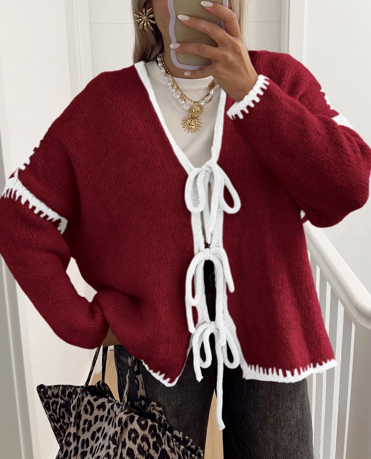 PRETTYGARDEN Women's Tie Front Bow Cardigan Sweaters Chunky Knit Long Puff Sleeve Trendy Fall Winter Jacket Coats - Image 5