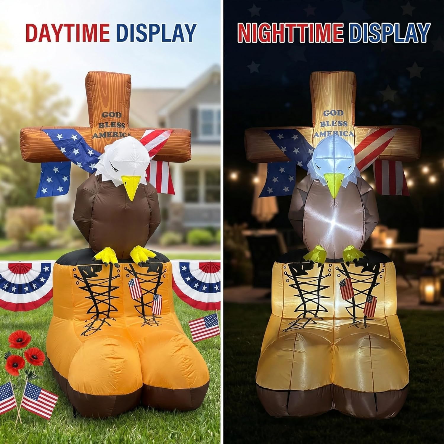 6FT Memorial Day Inflatables Eagle with Boots and Flag Cross Patriotic Blow Up Decorations LED Lighted Outdoor Memorial Day Decor for 4th of American Patriotic Independence Day Decor