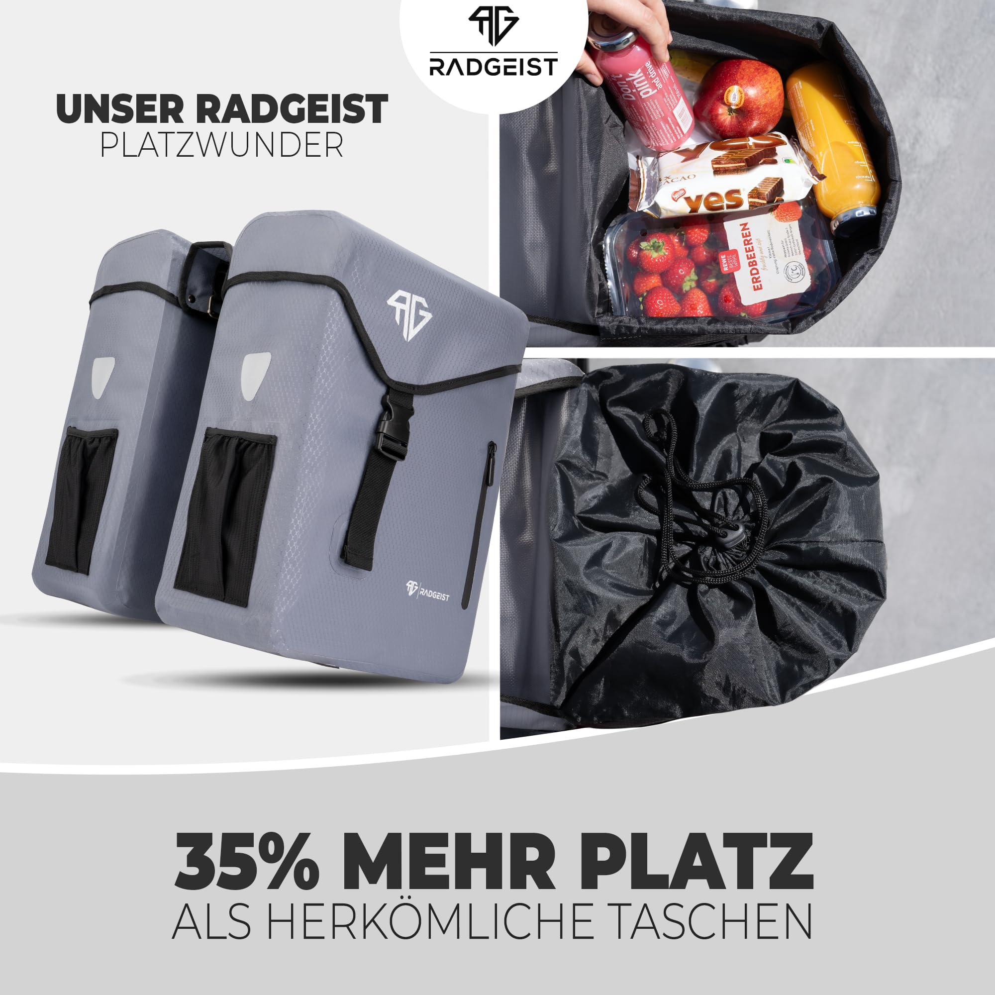 RADGEIST Borsa per portapacchi per bicicletta, 100% impermeabile, doppia borsa per bicicletta, 50 litri, doppia borsa per portapacchi con fissaggio semplice (grigio)