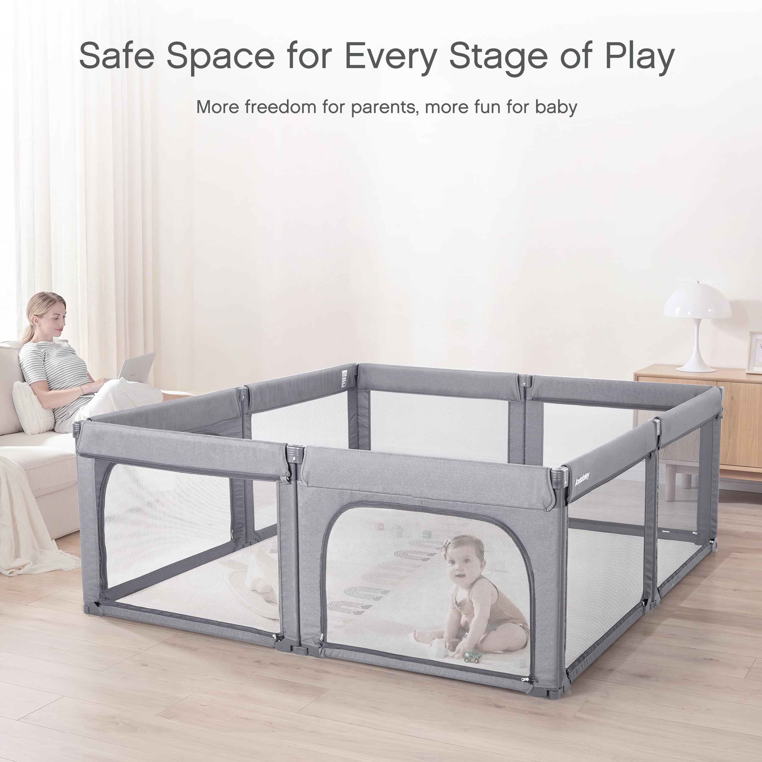 Box per bambini, cancelletto di sicurezza pieghevole, facile da montare, misura grande e regolabile, per interni, 180 x 200 cm, grigio chiaro