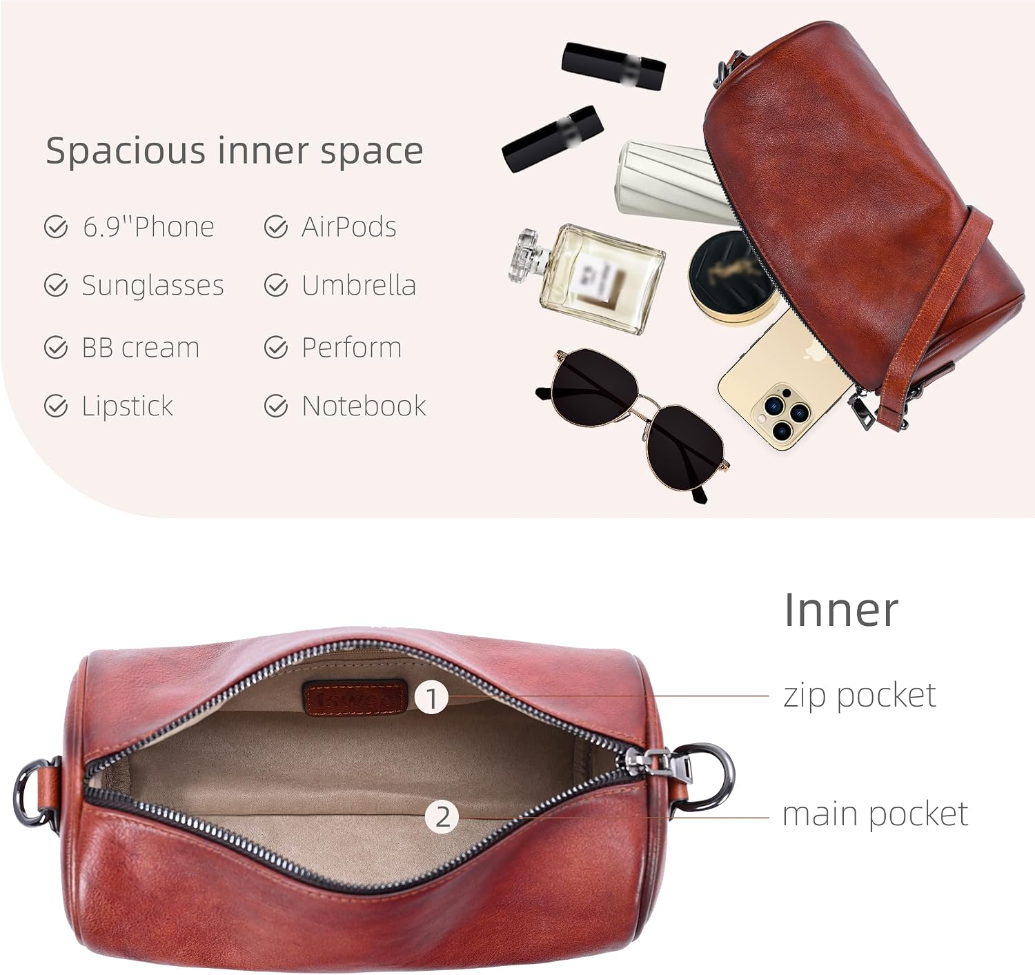 Iswee Soft Leather Crossbody Purse for Women Barrel Bag Shoulder Handbags Medium Size Satchel Purse with Two Adjustable Strap