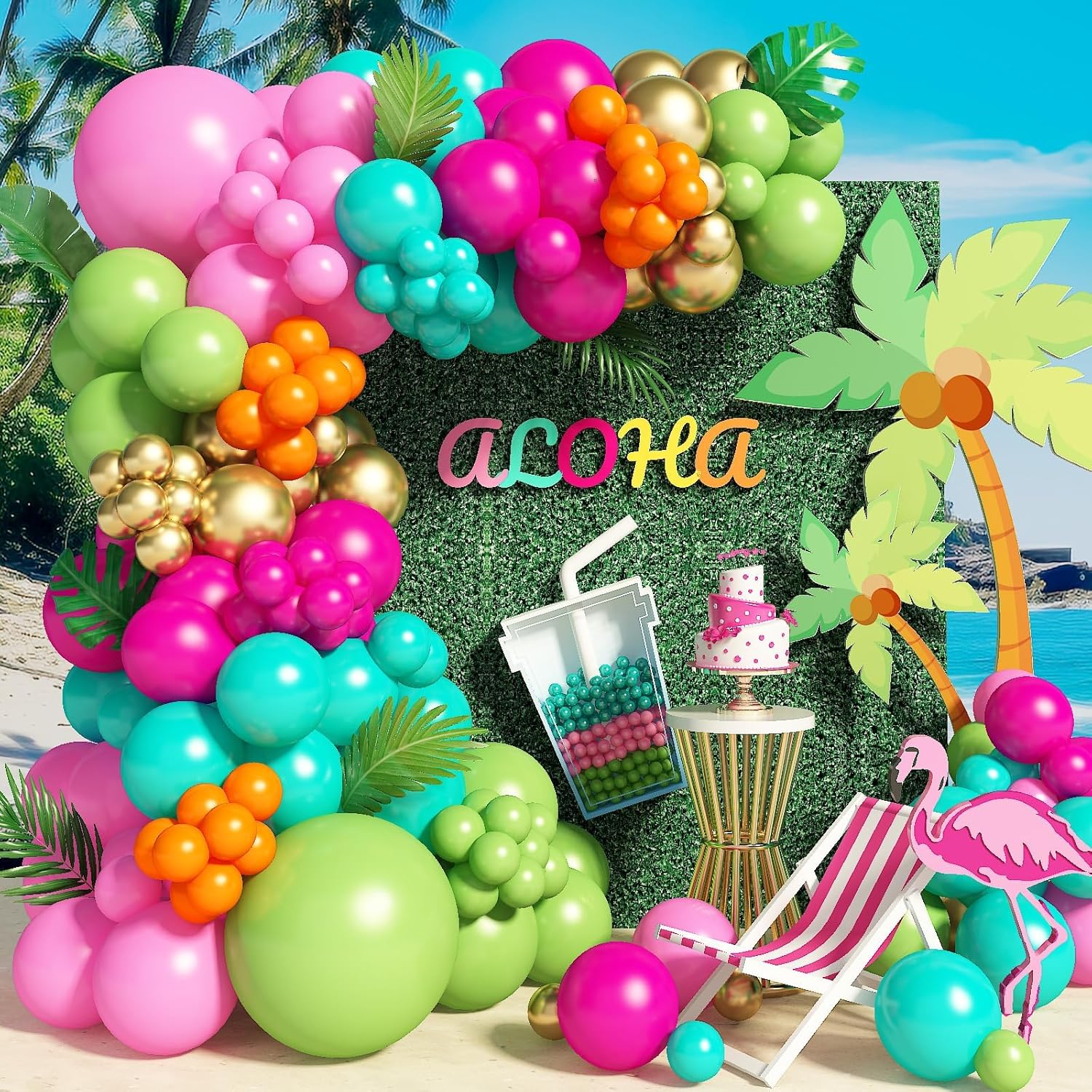 138pcs Flamingo Tropical Balloons Arch Garland Kit Hawaii Party Decoration