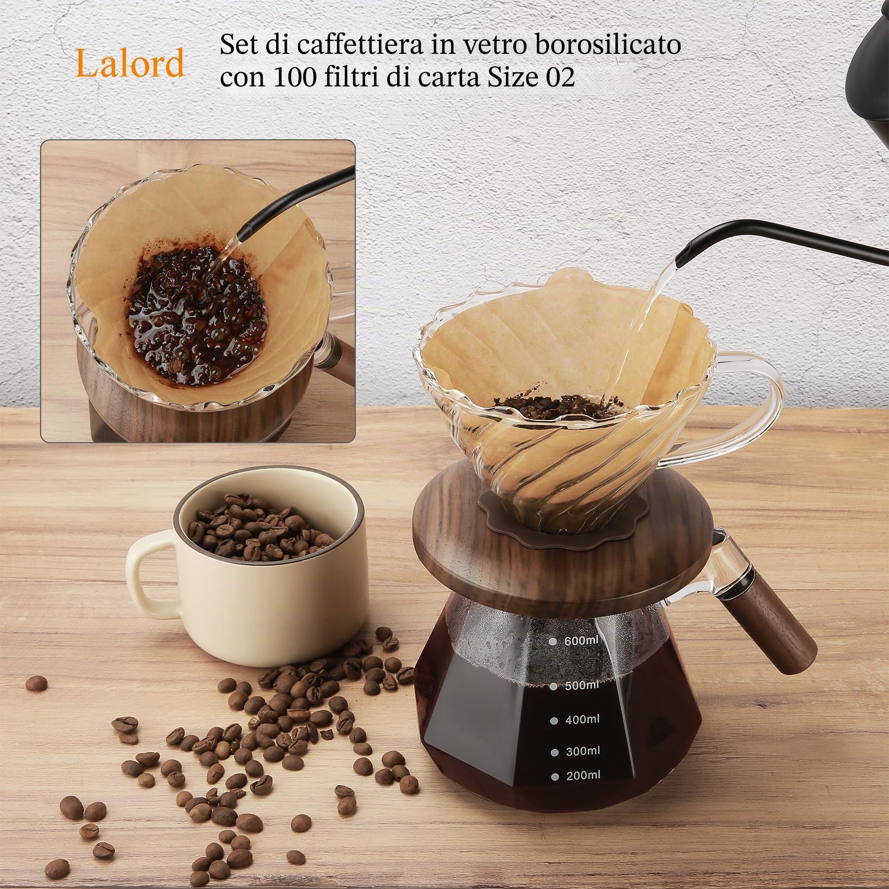 Lalord Caffettiera Pour Over in Vetro Borosilicato da 600 ml, con Filtro di Carta 02 da 100 Pezzi, Collare in Noce e Coperchio in Vetro, Caffettiera a Goccia, 1-3 Tazze, Trasparente