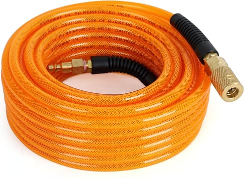 Air Compressor Hose 1/4 Inch x 50 Feet Flexeel Reinforced Polyurethane PU Air Hose with Fittings, Bend Restrictors, 1/4" Industrial Quick Coupler and Plug Kit