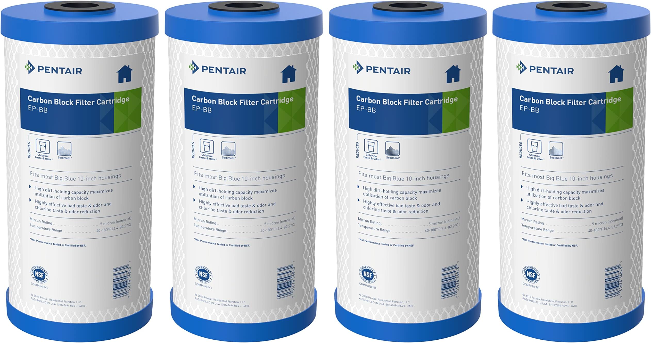Pentek Pentair EP-BB Big Blue Carbon Water Filter, 10-Inch, Whole House Carbon Block Replacement Cartridge with Bonded Powdered Activated Carbon (PAC) Filter, 10" x 4.5", 5 Micron, Pack of 4