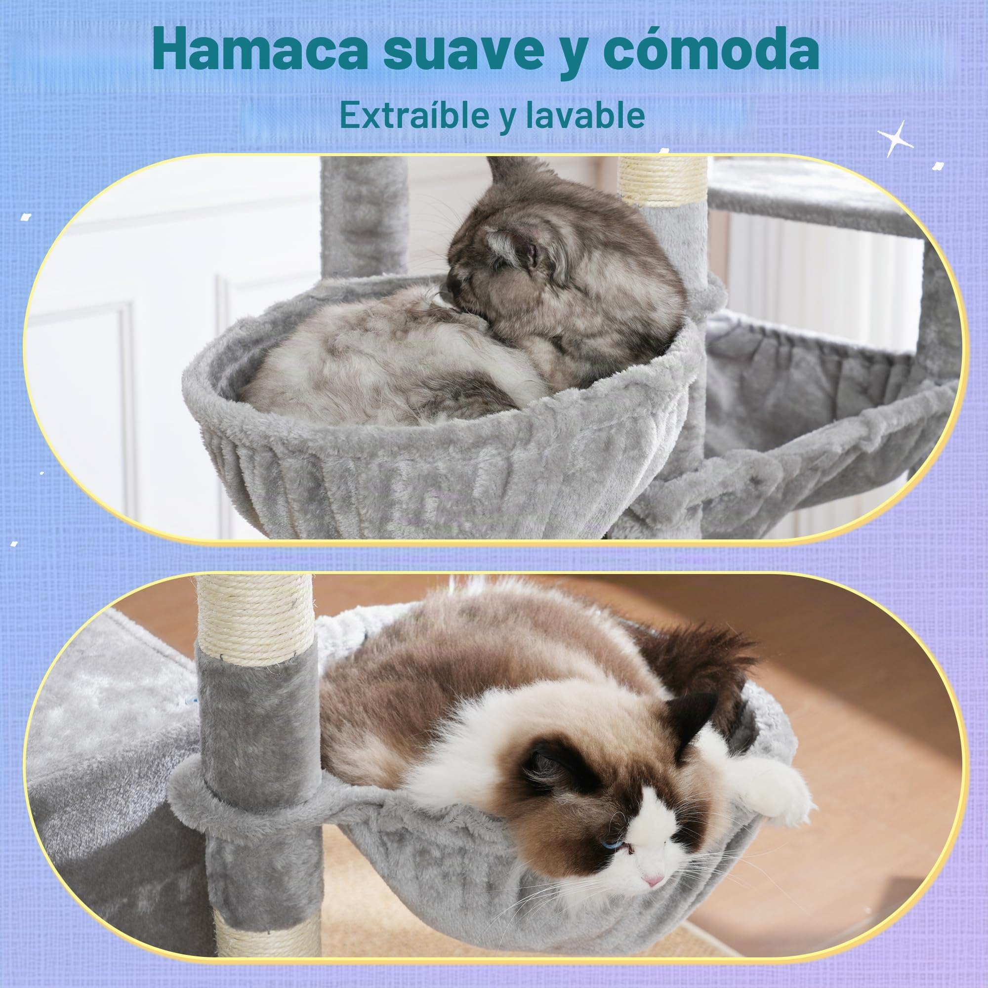 Hey-brother Rascador para Gatos, con Hamaca, Cueva, 2 Plataformas, MPJ080W | 182cm Árbol para Gatos, 2 Cestas Suaves, Rampa Rascadora, Pelota de peluche, para Múltiples Gatos de Interior, Gris Claro