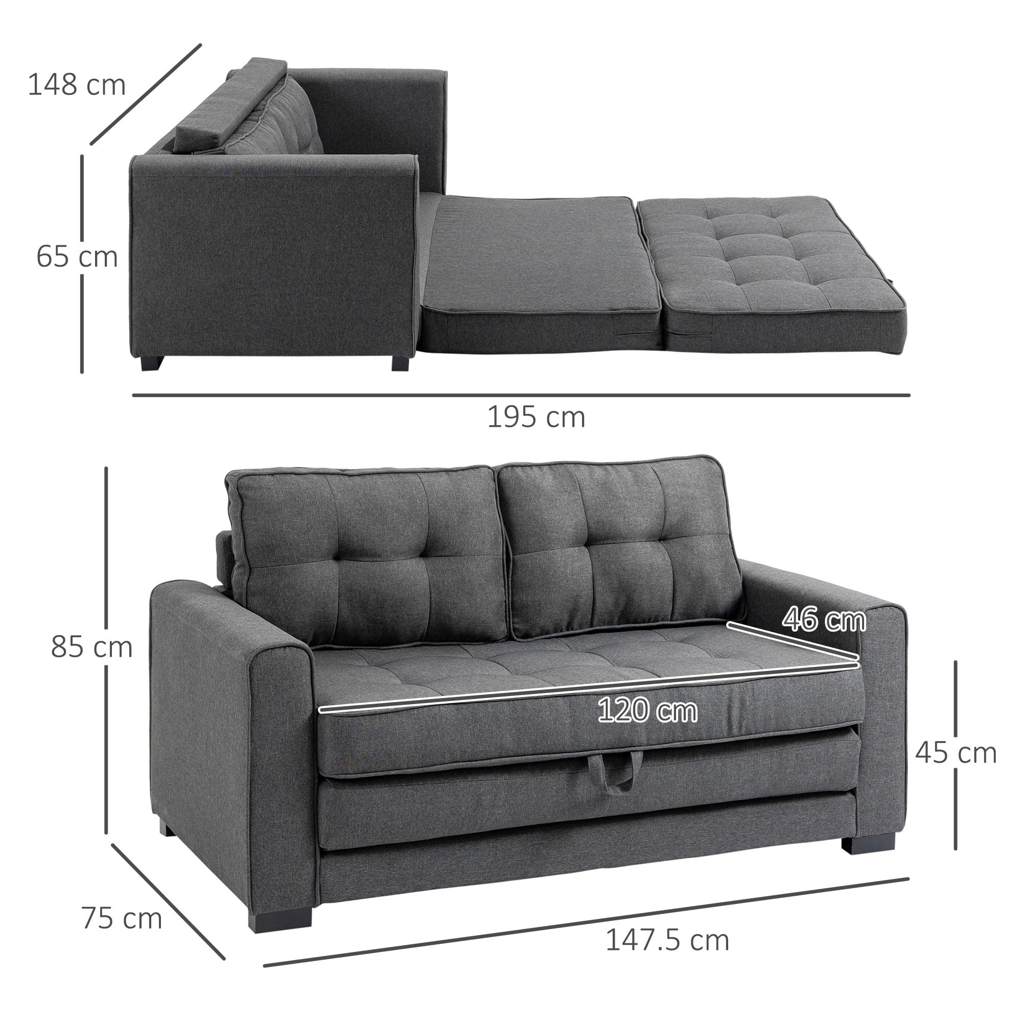 HOMCOM Divano Letto 2 Posti con Seduta Imbottita Pieghevole 37 cm Grigio