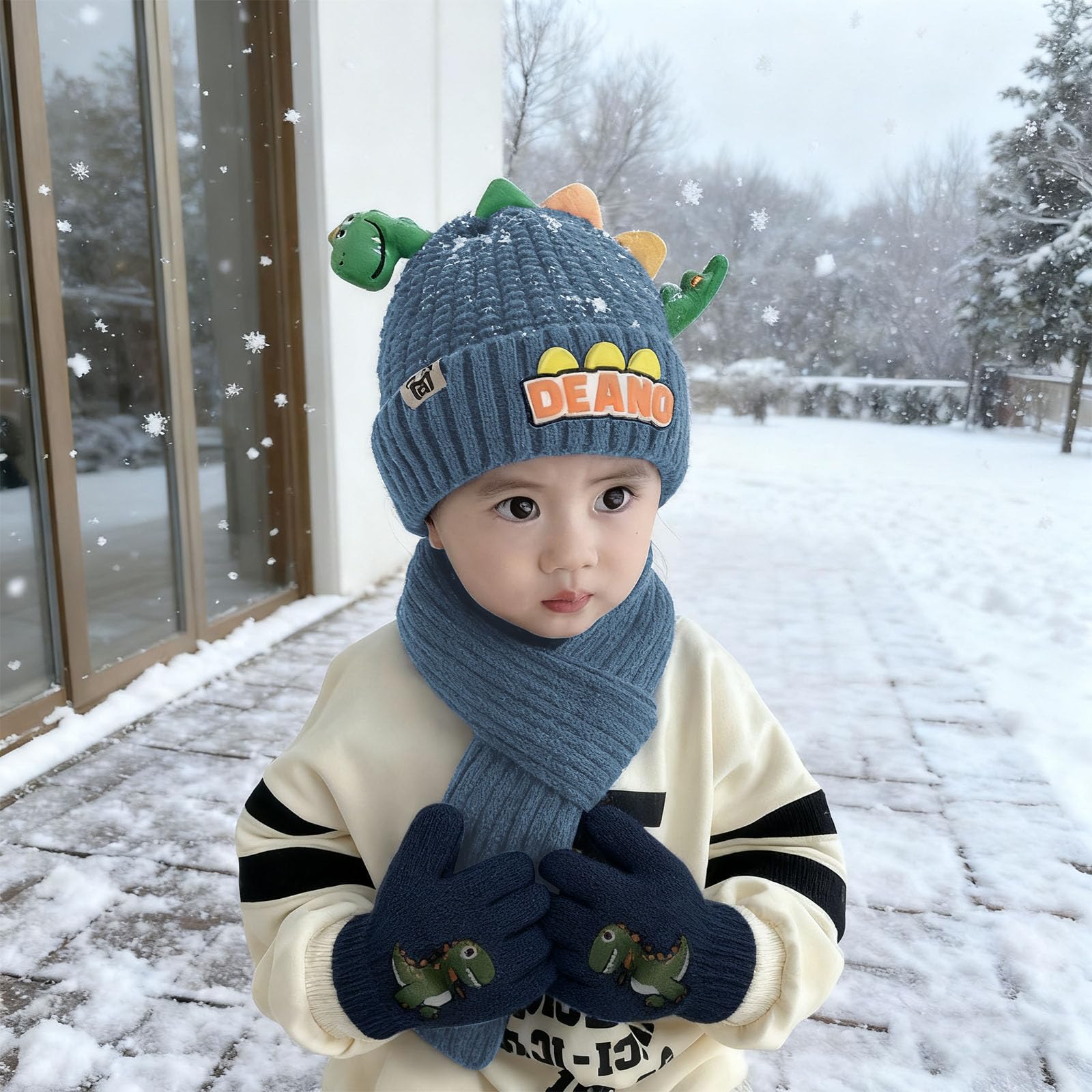 Conjunto Bufanda Gorro y Guantes Niño, Set de Gorra Bufanda Guantes Termicos Niño, 3 en 1 de Punto Gorras Beanie Bufandas Guante Termico, Diseño de Dinosaurios Lindo Gorros Scarf Winter Gloves