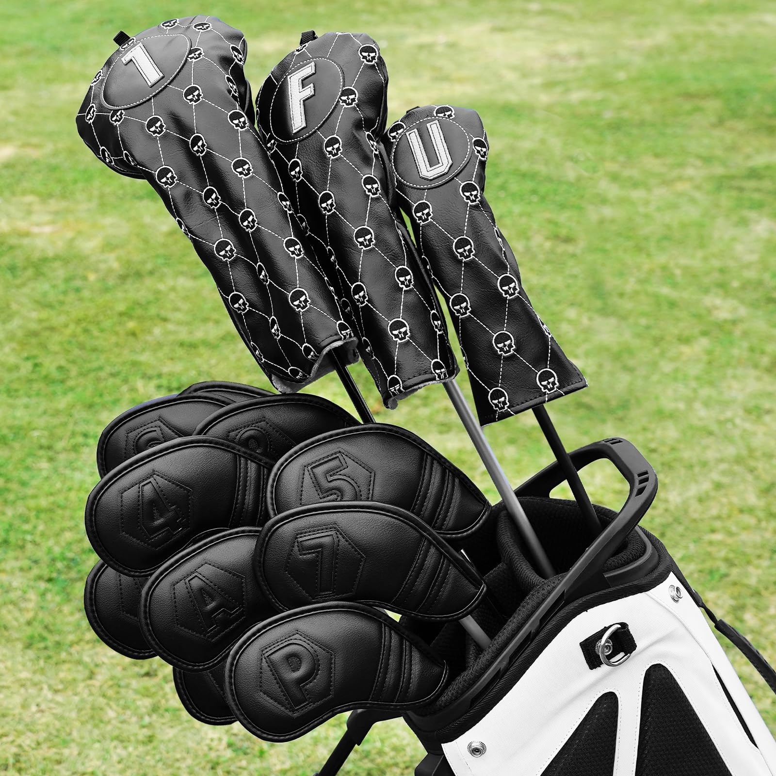 Golfschlägerhauben aus Holz für Fahrer/Fairway/Hybrid/(1.F.U), schwarzes PU-Leder, Totenkopf-Muster