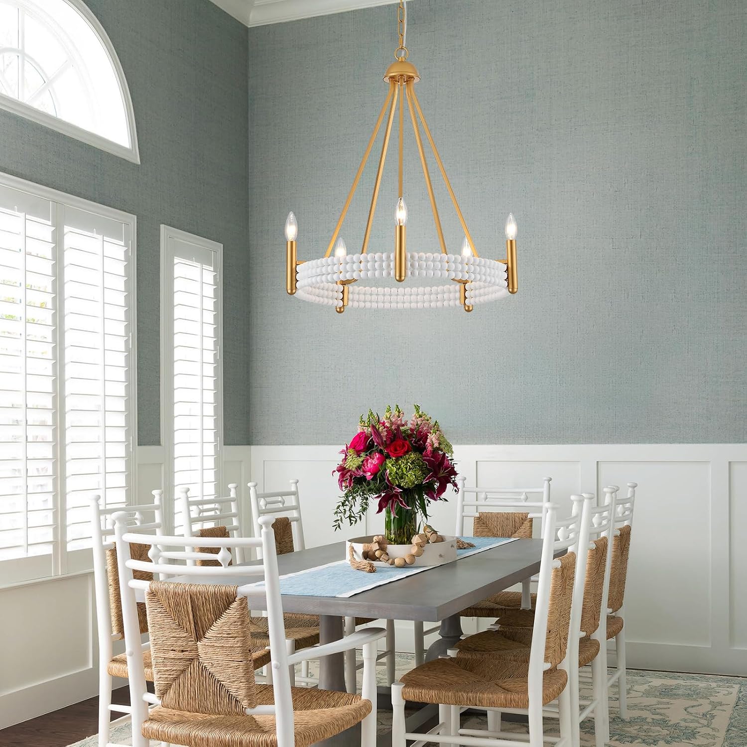 Bohemia Wood Bead Chandelier Light Fixture 5-Light Gold Farmhouse Wagon Wheel Chandelier for Dining Room Rustic Farmhouse Pendant Light for Dining Room Living Room Foyer Kitchen Island, UL Listed
