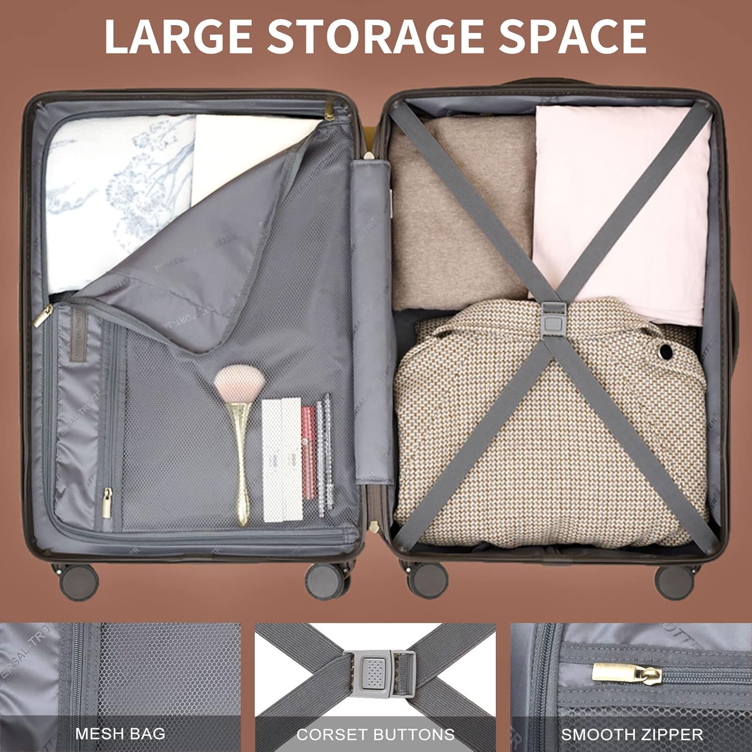 review universal trotter Vintage Trunk Luggage Set with Brown Trim, Lightweight and Durable Hard Shell Suitcase Set with Double Spinner Wheels, TSA Lock, 3-Piece Set (14/24/28)