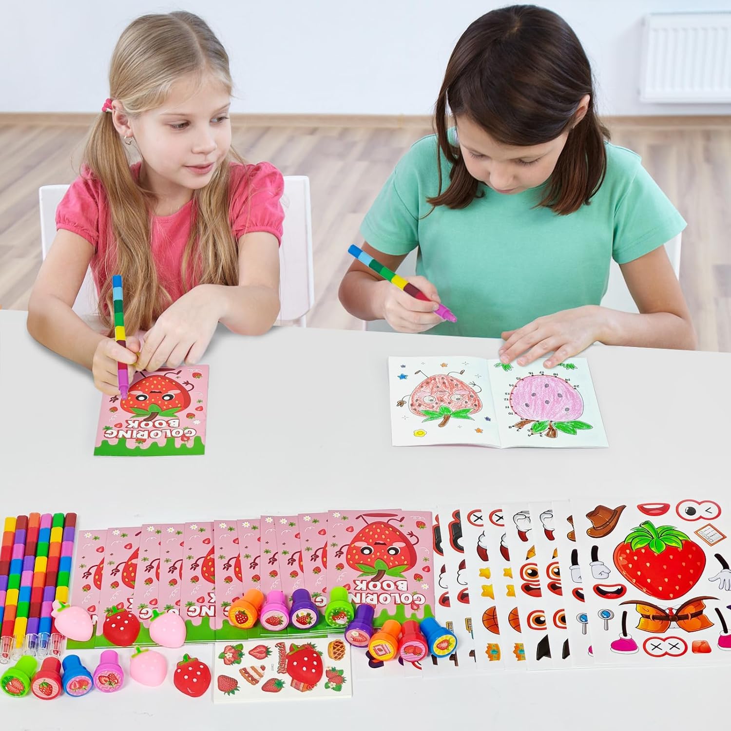Cinrobiye 72 PCS Strawberry Coloring Books Party Favors Set Strawberry Party Goodie Bag Fillers Sweet Birthday Party Supplies DIY Scene Stickers Temporary Tattoos Prizes Art Crafts for Home Classroom