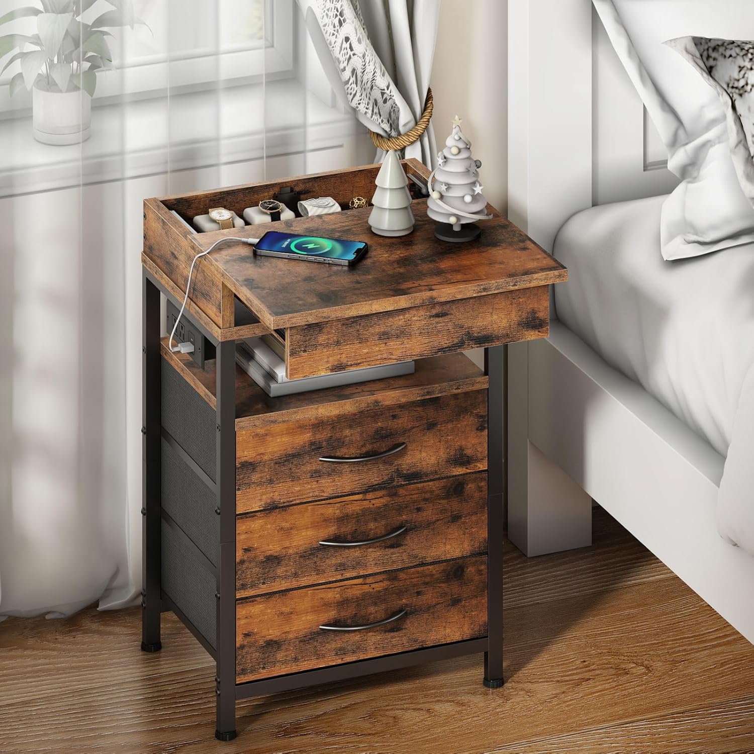 HOOBRO Nightstand with Charging Station, Bedside Table with Fabric Drawers, End Table with Lockable Hidden Compartment, 2 AC Outlets, 1 USB-A, 1 Type-C, for Bedroom, Rustic Brown and Black BF143UBZ01