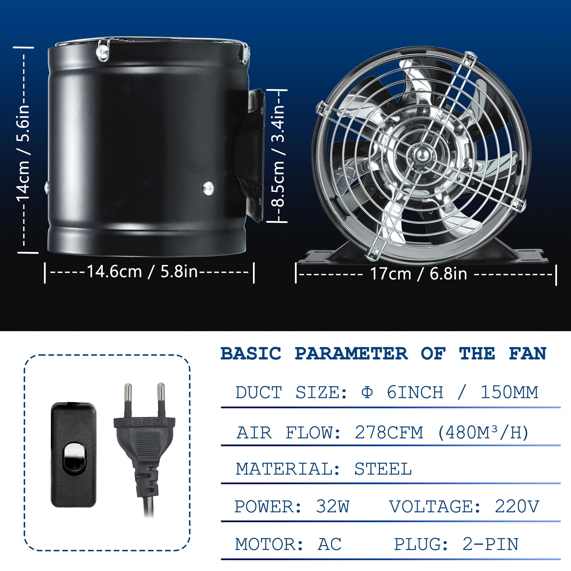 Ventilador extractor de aire de 150 mm, de alto flujo de aire, de metal con interruptor de presión, válvula antirretorno para baño, garaje, invernadero (negro)