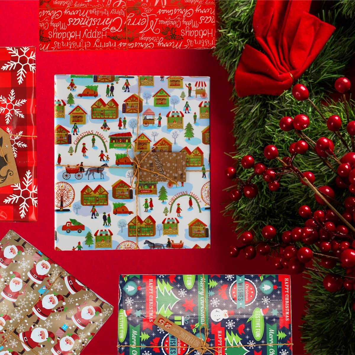 Carta Da Pacchi Natalizia - 12 Fogli 70x50cm, Con Etichette E Cordini, Motivi Natale - Foto 5