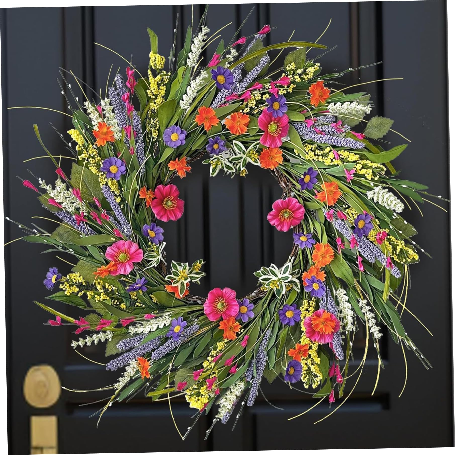 Faticenic Assorted Color Wildflower Wreath For Front Door, 16 Inch Colorful Spring Wreath With Realistic Silk Flowers, Summer Wreaths For Year-Round Home Decor, Pet Decors