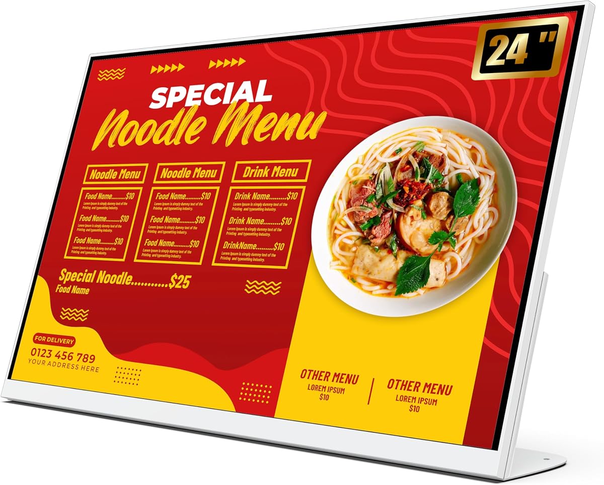 Tablero de menú digital de escritorio de 24 pulgadas, monitor de tienda minorista de señalización digital HD, pantalla de publicidad comercial Android con CMS, pantalla de menú electrónico para tienda/restaurante de té con leche
