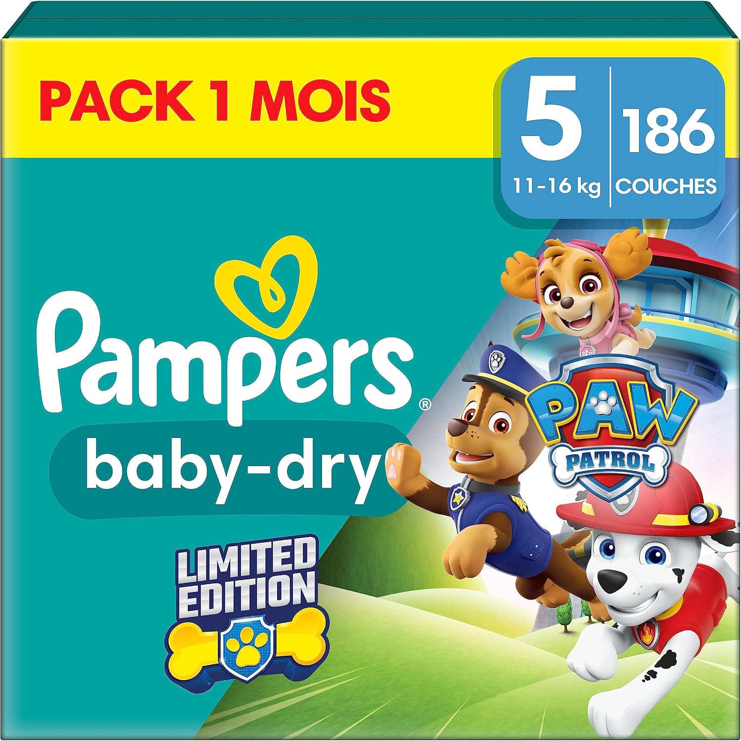 Pampers Couches Baby-Dry Taille 7 (15+ Kg) - 186 Couches Méga Pack 1 Mois, Jusqu'à 12h De Protection