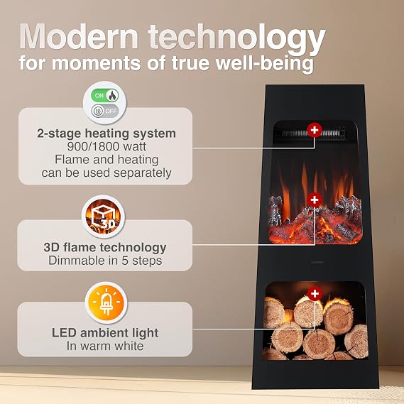 KAMINIO Electric Garden Fireplace KAI - Electrical freestanding patio Stove with Heater, 3D Flame Effect, LED Mood Light, Wood Storage Compartment, Remote Control - Black (Large)