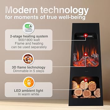 KAMINIO Electric Garden Fireplace KAI - Electrical freestanding patio Stove with Heater, 3D Flame Effect, LED Mood Light, Wood Storage Compartment, Remote Control - Black (Large)