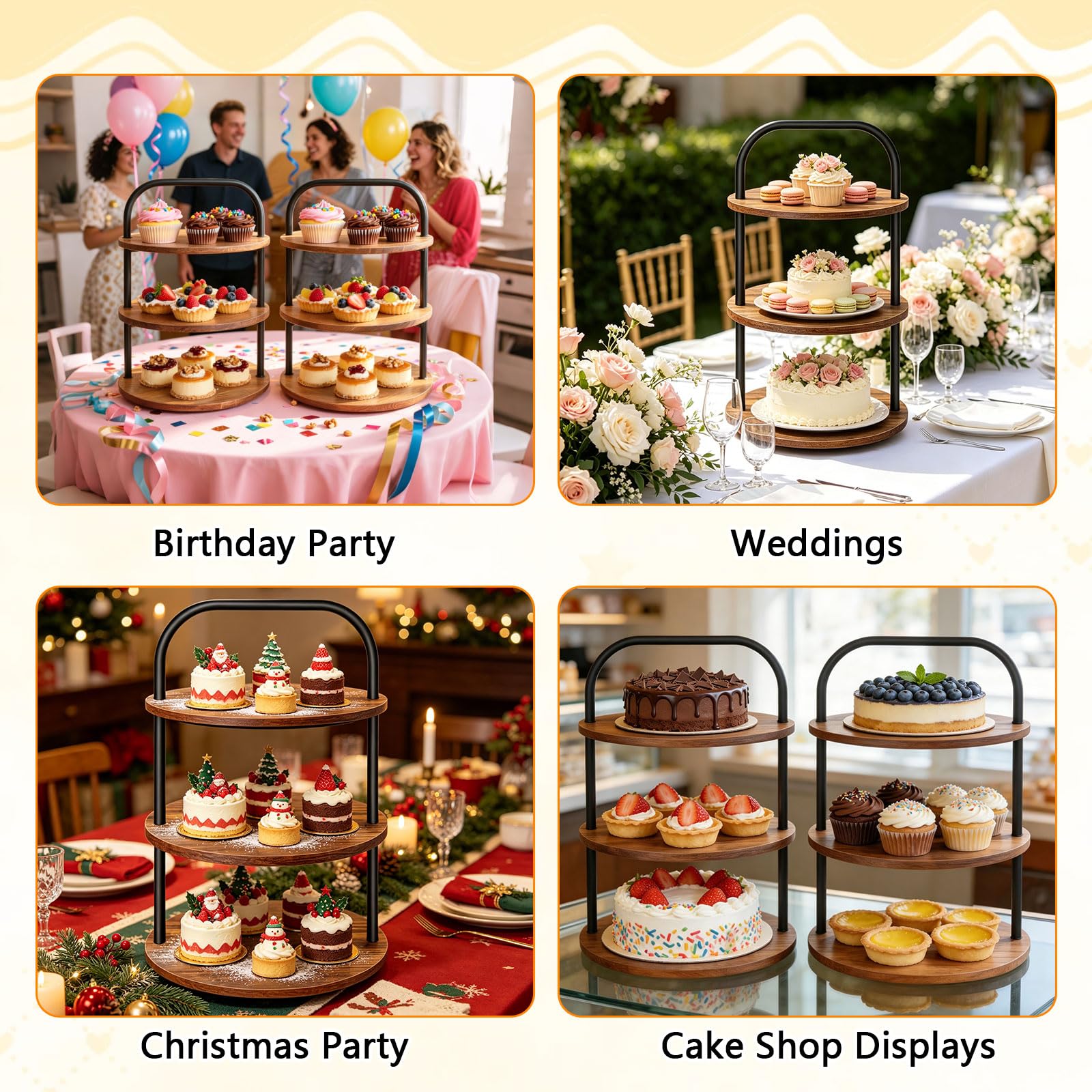 2Pcs KuchenstäNder Aus Holz, 3-Etage KuchenstäNder FüR 100 Cupcakes, GroßEr Runder KuchenstäNder Aus Holz mit Metallgriff, Geeignet Für Den Nachmittagstee, Hochzeiten, Party