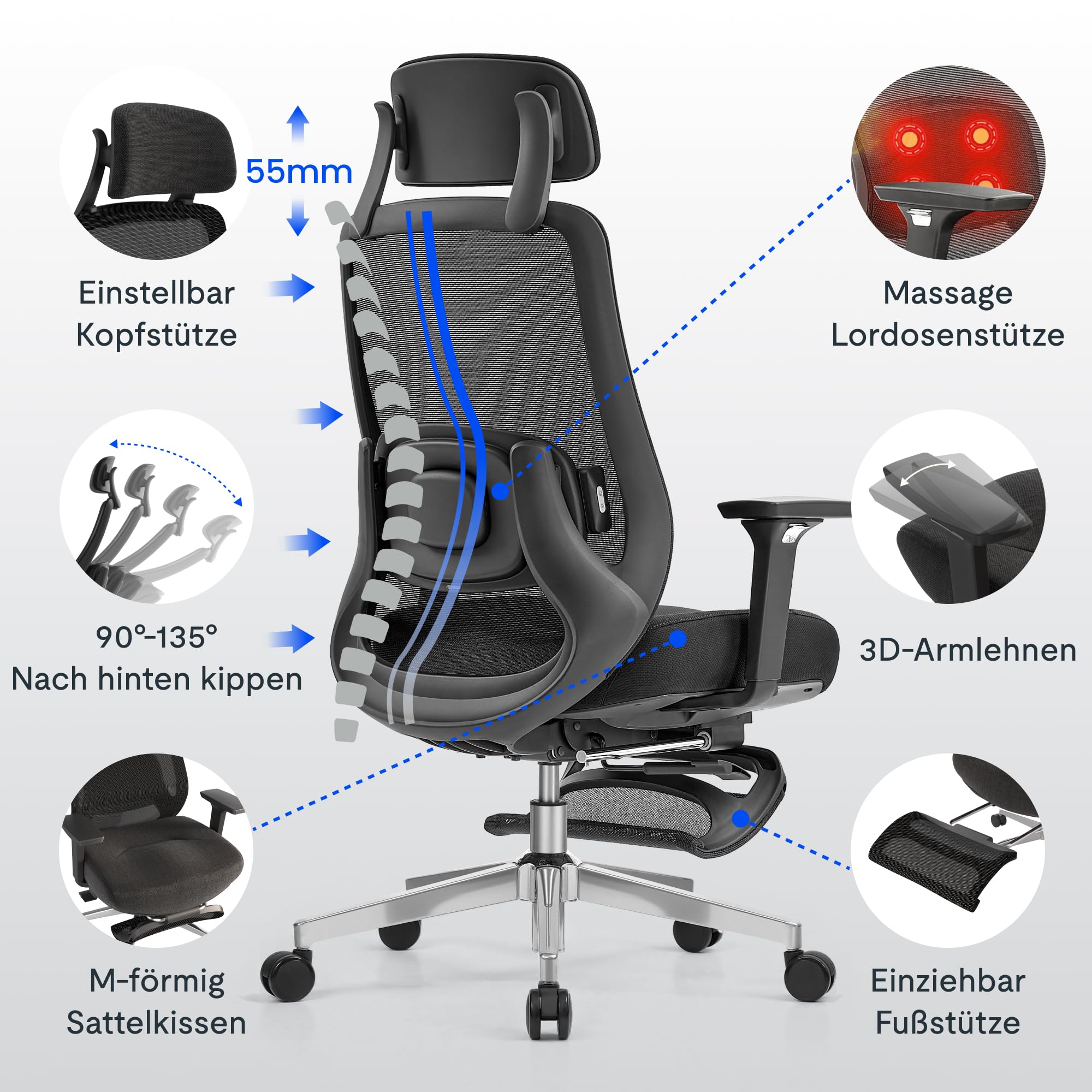 FLEXISPOT MasterEase Masażowe Krzesło Biurowe z Podnóżkiem i Gumowymi Kółkami, Ergonomiczne Krzesło Biurowe z 2D Wsparciem Lędźwiowym z Funkcją Grzania i Masażu (Czarny (z podnóżkiem PLUS kołami))