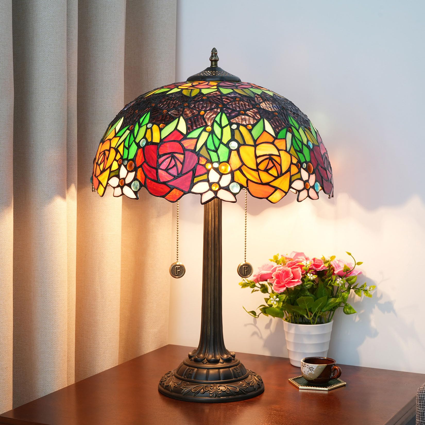 Witrażowa lampa stołowa ze sterowaniem dotykowym, 40 cm kwiat róży lampka do czytania do sypialni, salonu, domowego biura, oświetlenie komody