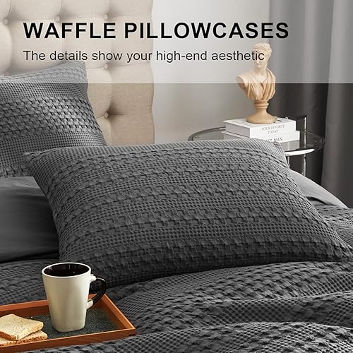 Miniatura 4 de Ivellow Juego de funda de edredón de tejido gofre - 100% algodón, tamaño Queen, gris texturizado, acogedor, suave, transpirable, funda de edredón de