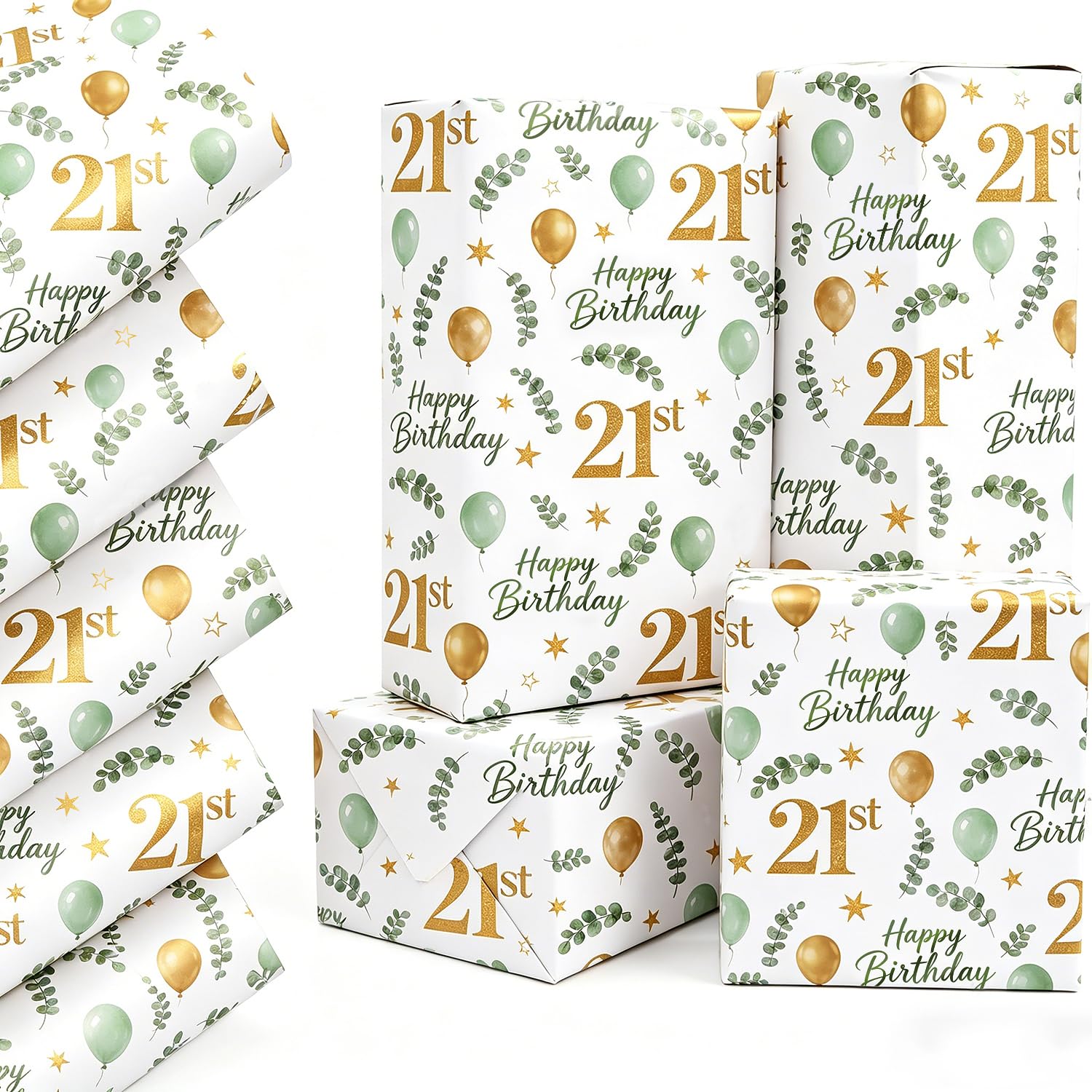 50x70cm 21st Birthday Gift Wrapping Paper, QRTDXP 5pcs Green Gold Wrap Paper Designed for 21 Years Old