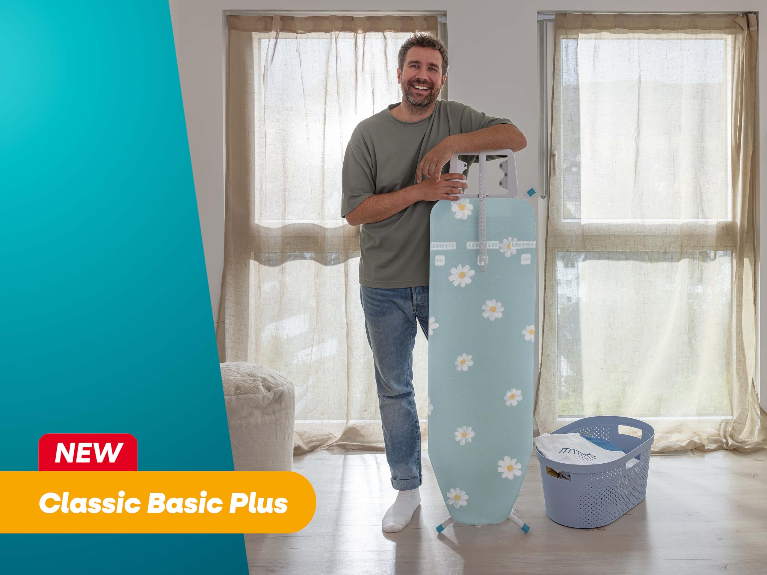 Leifheit Bügelbrett Classic M Basic Plus, Bügeltisch Fläche bis 120 x 38 cm | Bügelfläche aus Streckmetall, höhenverstellbar 69-88 cm, Ablage für Dampfbügeleisen, Kabelhalter, Rostschutz, florales Muster