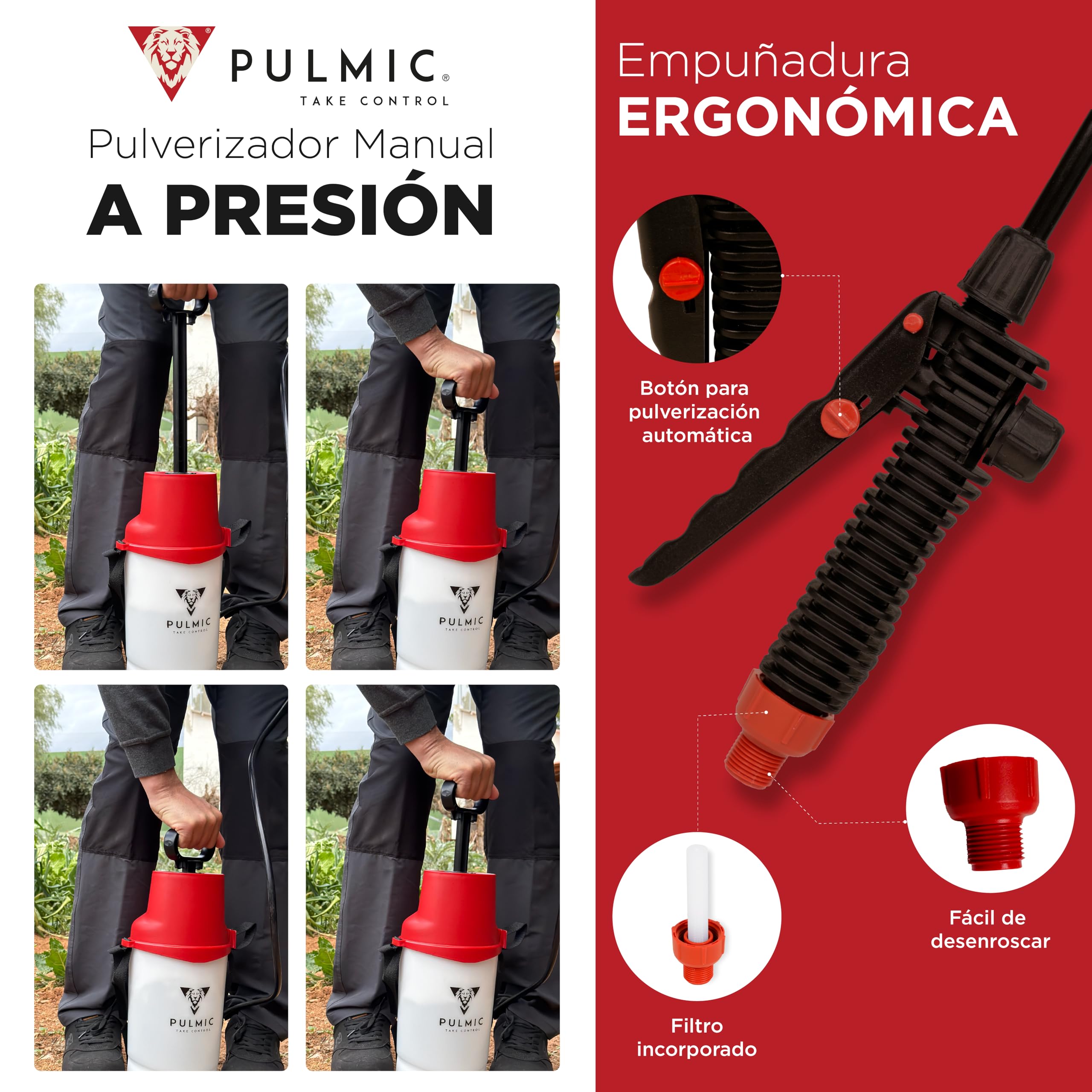 Pulverizador a Presión 5 litros, Pulverizador Manual para Plantas y Jardín, Sulfatadora Manual para Herbicidas e Insecticidas, con Lanza y Boquilla Regulable, Pulverización Precisa, PULMIC Raptor