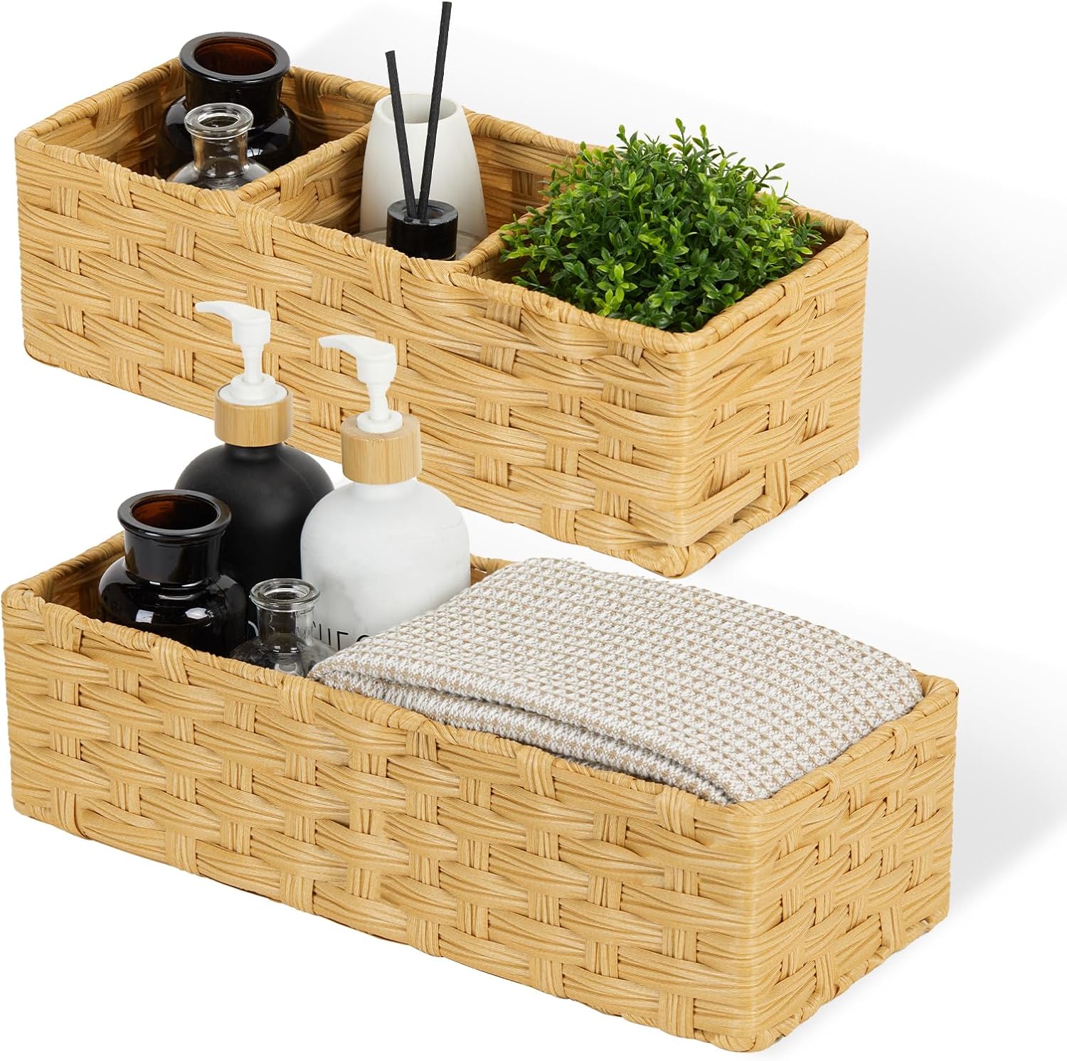 DULLEMELO Toilet Basket for Decor, Small Wicker Baskets for Storage Back of Toilet Tank Topper, Set of 2 Woven Storage Baskets for Bathroom Toilet Paper Holder Basket, Natural
