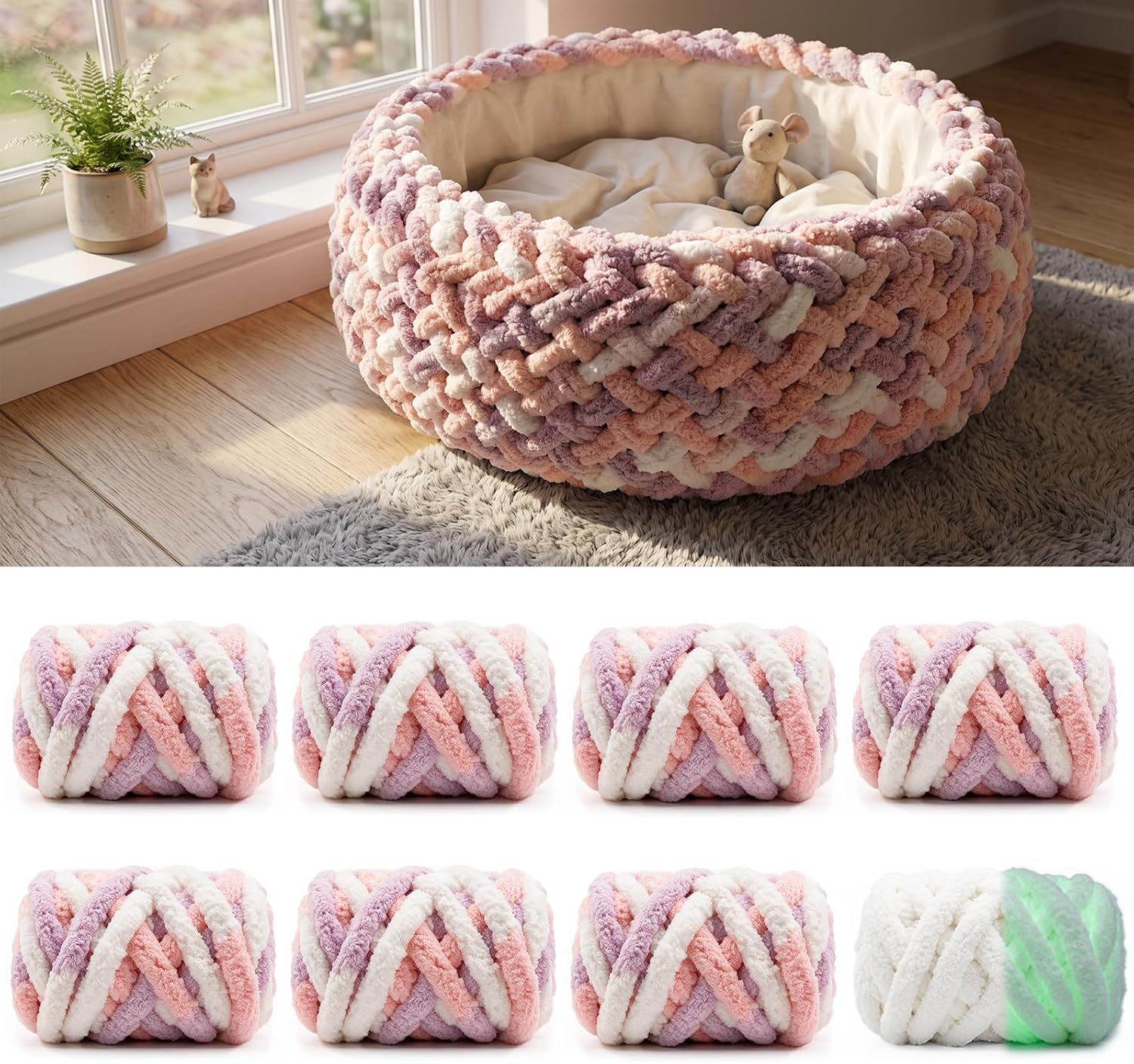 Chunky Yarn for Hand Knitting, 8 Skeins, Tie Dye Glow in the Dark, Pink