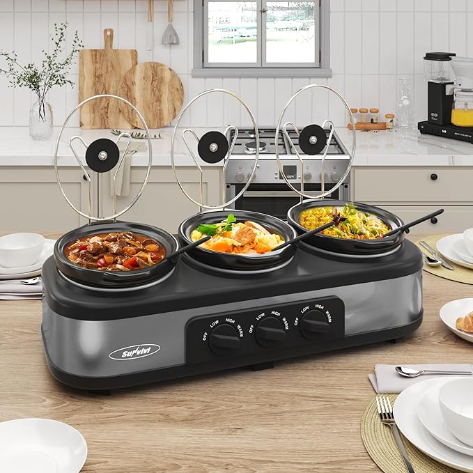Sunvivi Slow Cooker with 3 Pots, Triple Slow Cooker Buffet Server 3 Pot Food Warmer for Parties with 3 Spoons & Lid Rests, Adjustable Temp, 3 * 1.5 Quarts