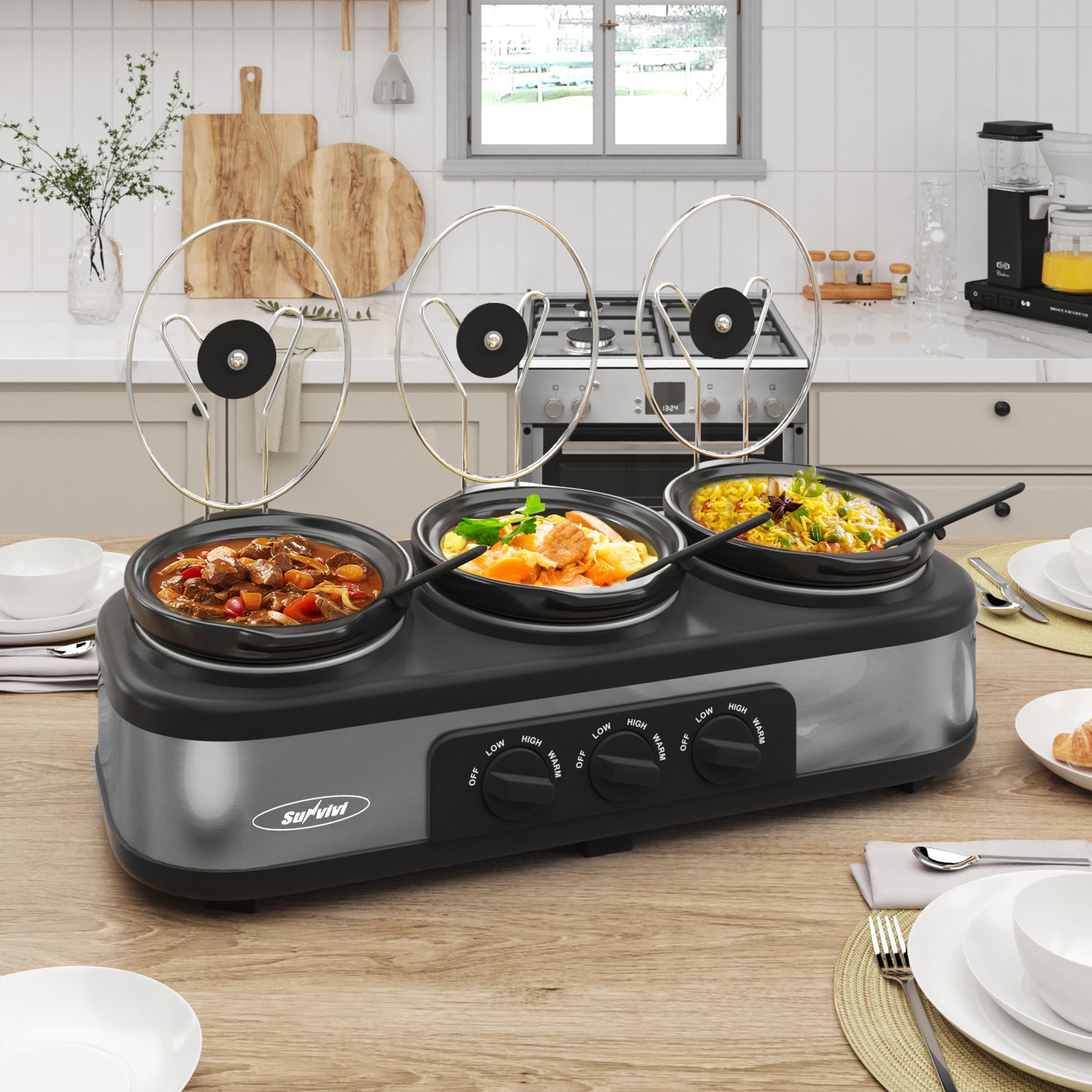 Sunvivi Triple Slow Cooker, Buffet Server and Warmer with 3 Removable Ceramic Pots, 3 Adjustable Temperature Levels and 3 Metal Lid Shelves, Stainless Steel, 3 x 1.5 Quarts Grey-image-10