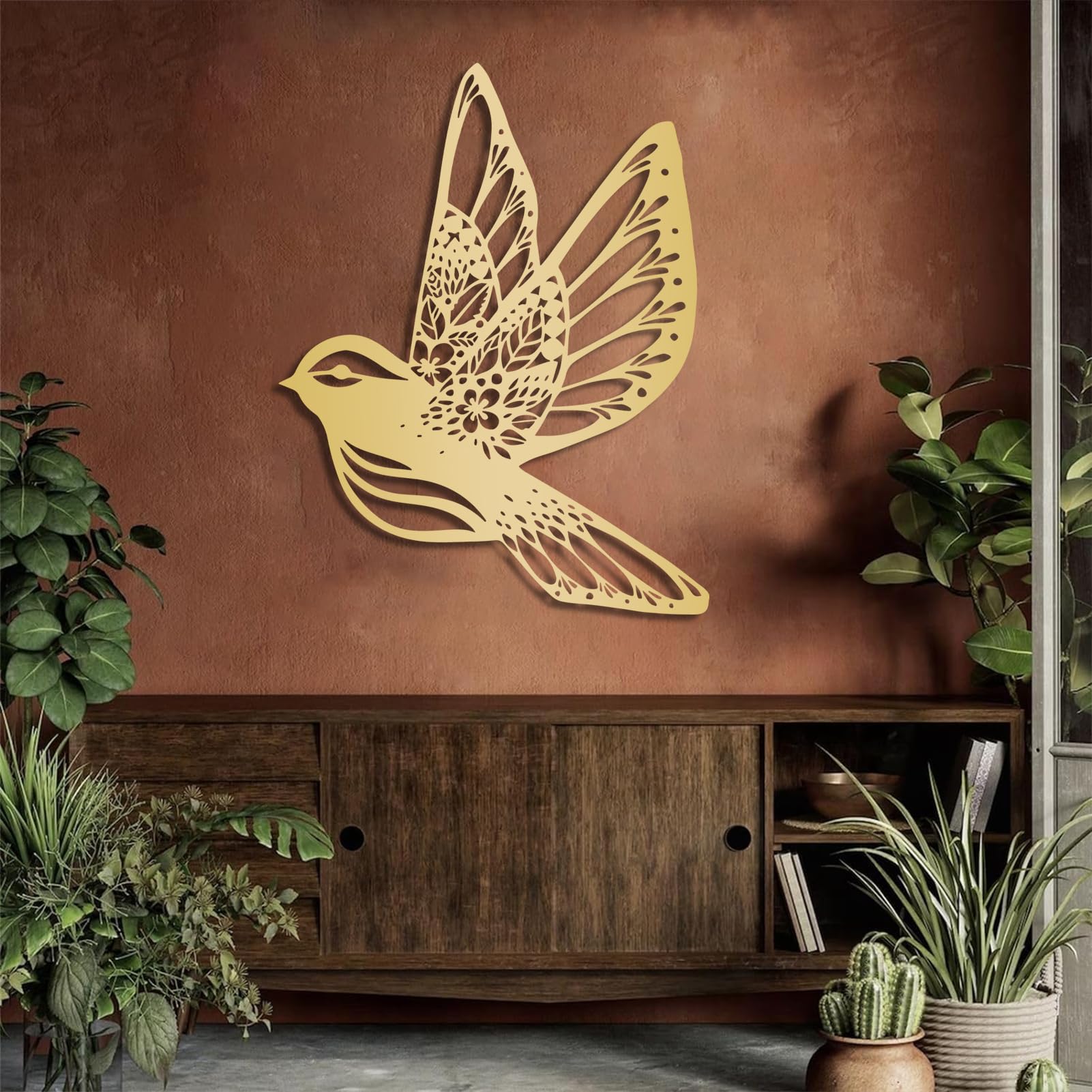 Sculpture murale métal or grand format oiseau mandala design moderne