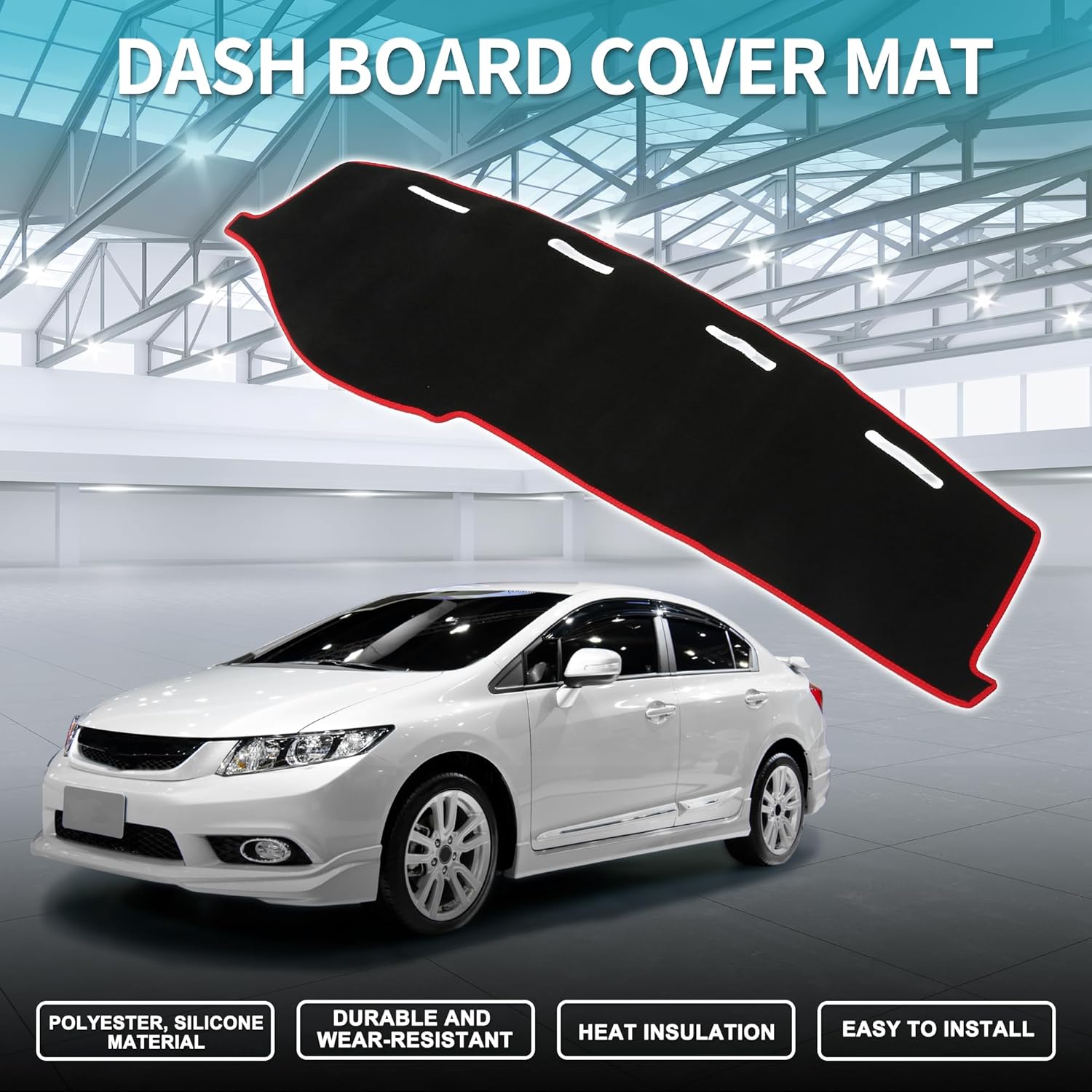 Dash Cover for Honda Civic Non-Slip | Center Console Dashboard Cover Mat Black Red 1 Pcs