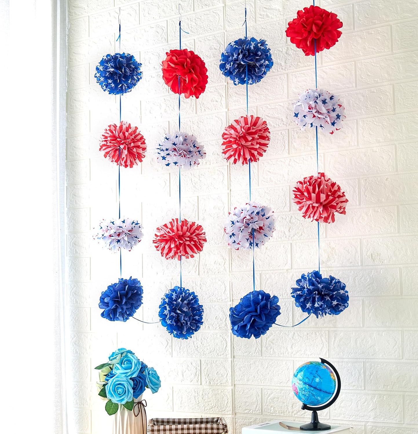 Homarkable Red White and Blue Tissue Paper Pom Pom Garlands, Patriotic Decorations, Paper Pompom Decors for Memorial Day, Fourth of July Independence Day Supplies Party Decor