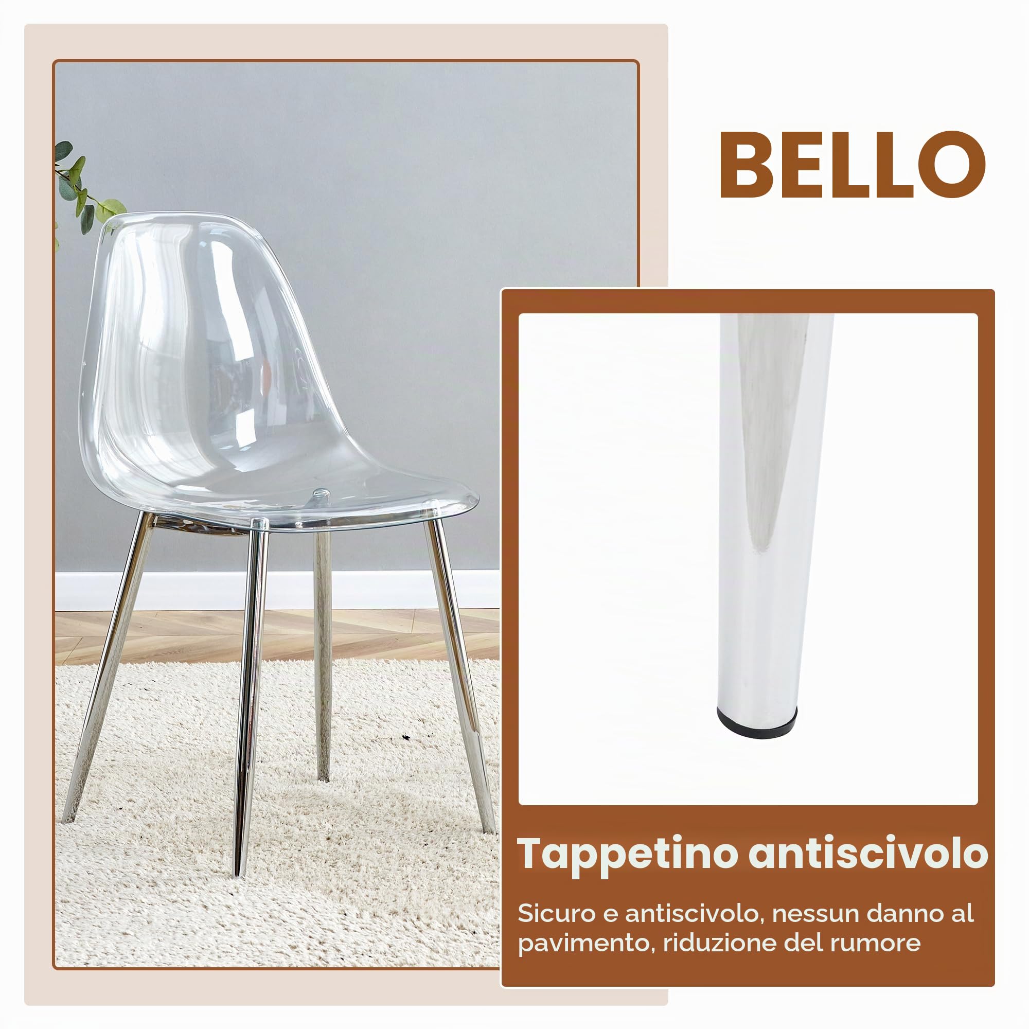 Muskel Moderno tavolo da pranzo rotondo in vetro con 4 sedie, tavolo da 88 cm, in plastica trasparente, per 4 persone, sala da pranzo, set da 4 pezzi, per piccola cucina, argento