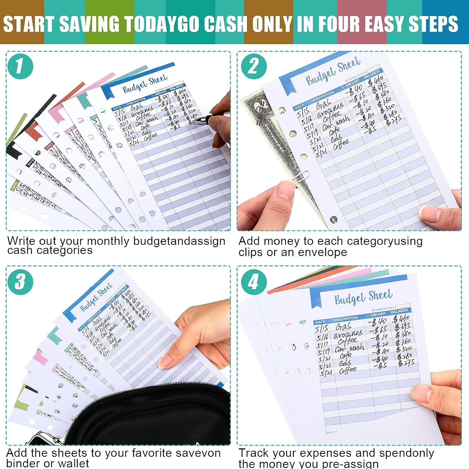 120 Pieces A6 Budget Sheets, 6 Rings Binder Expense Sheets Money Tracker Budget Inserts for Cash Envelope Planner Wallet Budgeting Organizer, 6 Colors