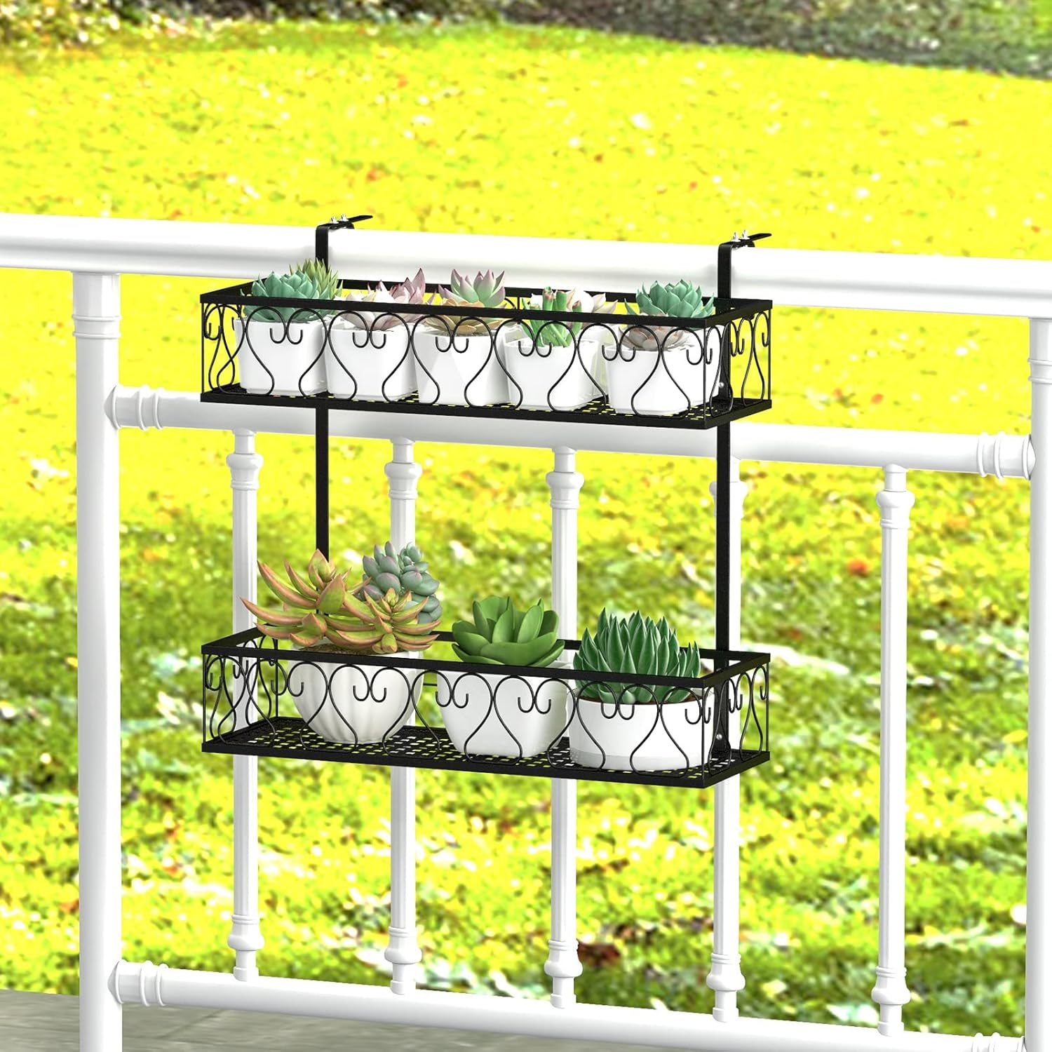 HAPPYGRILL 2-Tier Flower Pot Holder, Hanging Railing Flower Rack with Adjustable Hooks, Metal Potted Plant Container for Patio, Porch & Fence, Easy Assembly