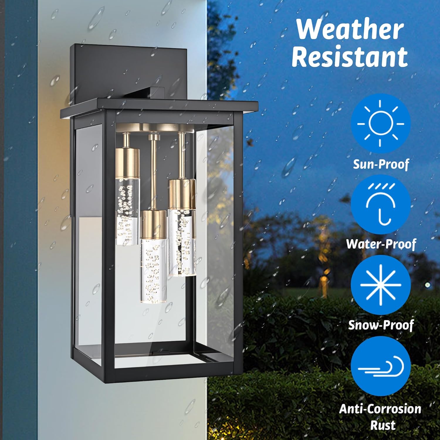 MELUCEE 16.5 Inch Large Outdoor Wall Light, 5 Color Dimmable Waterproof Patio Lanterns, 3-Light LED Exterior Wall Mount Lantern Sconce with Crystal Bubble Column, Black Wall Sconces for House Garage