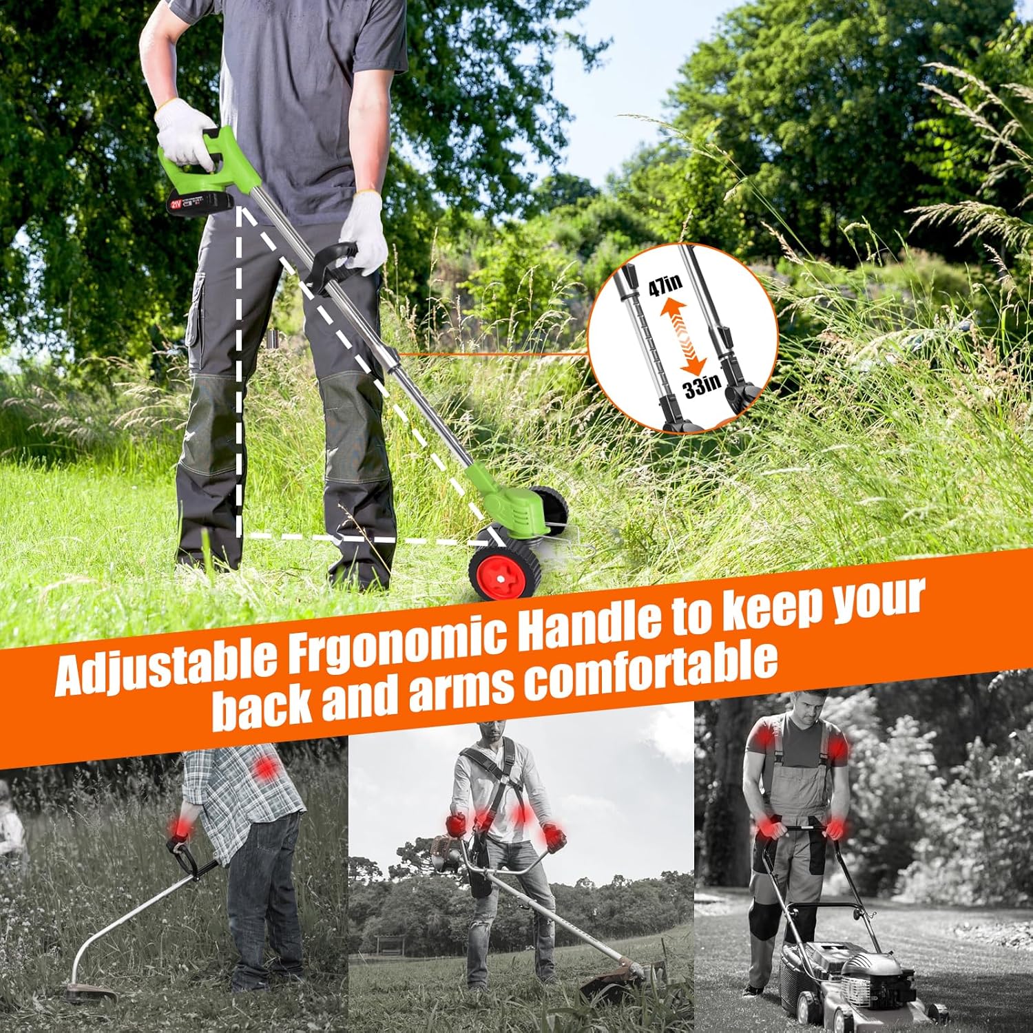 Cordless Weed Wacker 21V Electric Weed Cordless Eater 3-in-1 Cordless Grass Trimmer/Brush Cutter/Edger with 2pcs Batteries&3 Types Blades Lightweight Weed Trimmer for Lawn, Garden