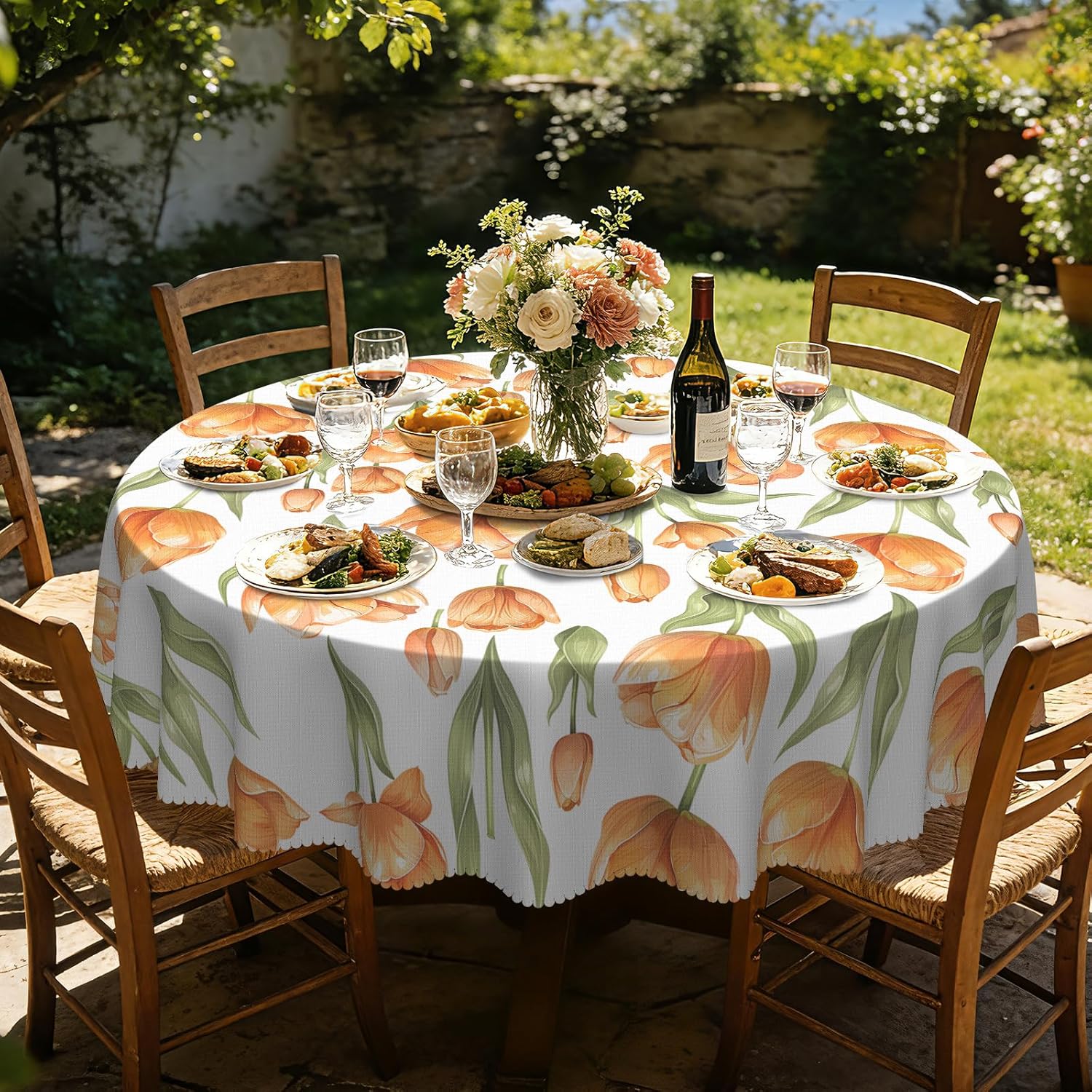 Eikione Round Tablecloth 70inch Floral Table Cloth, Tulip Tablecloths Polyester Waterproof Stain Wrinkle Free, Table Cover for Home Kitchen Dining Party Patio Decor