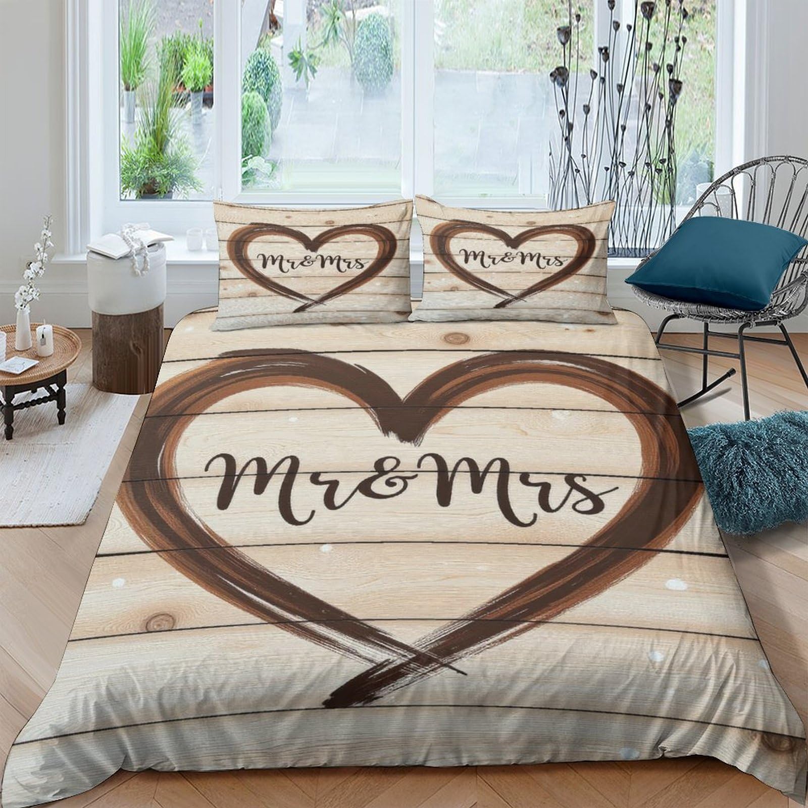 GPLZQXKJNH 3D Printed Heart Wood Mr & Mrs Duvet Cover Microfiber Breathable Wedding Bedding Set with 2 Pillowcases for Bedroom Single（135x200cm）