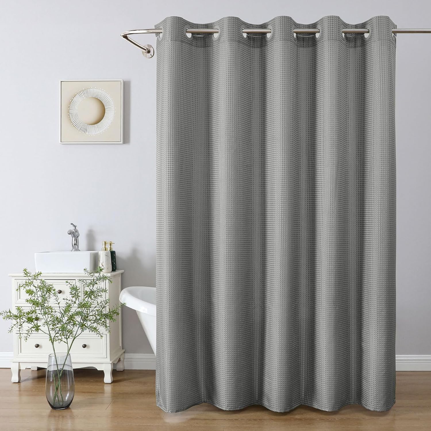 eachope No Hooks/Liner Needed - Waterproof 3-in-1 Hotel Waffle Weave Shower Curtain, Machine Washable, Magnetically Weighted Hem, 71"x74" Grey for Bathroom