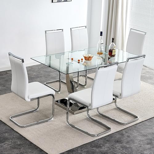 63” Glass Dining Table Set for 6,Modern Dining Room Table Set for 6,Kitchen Table and PU Leather Chairs for 6, Dinner Table with Rectangle Tempered Glass Top and Chrome Silver Base