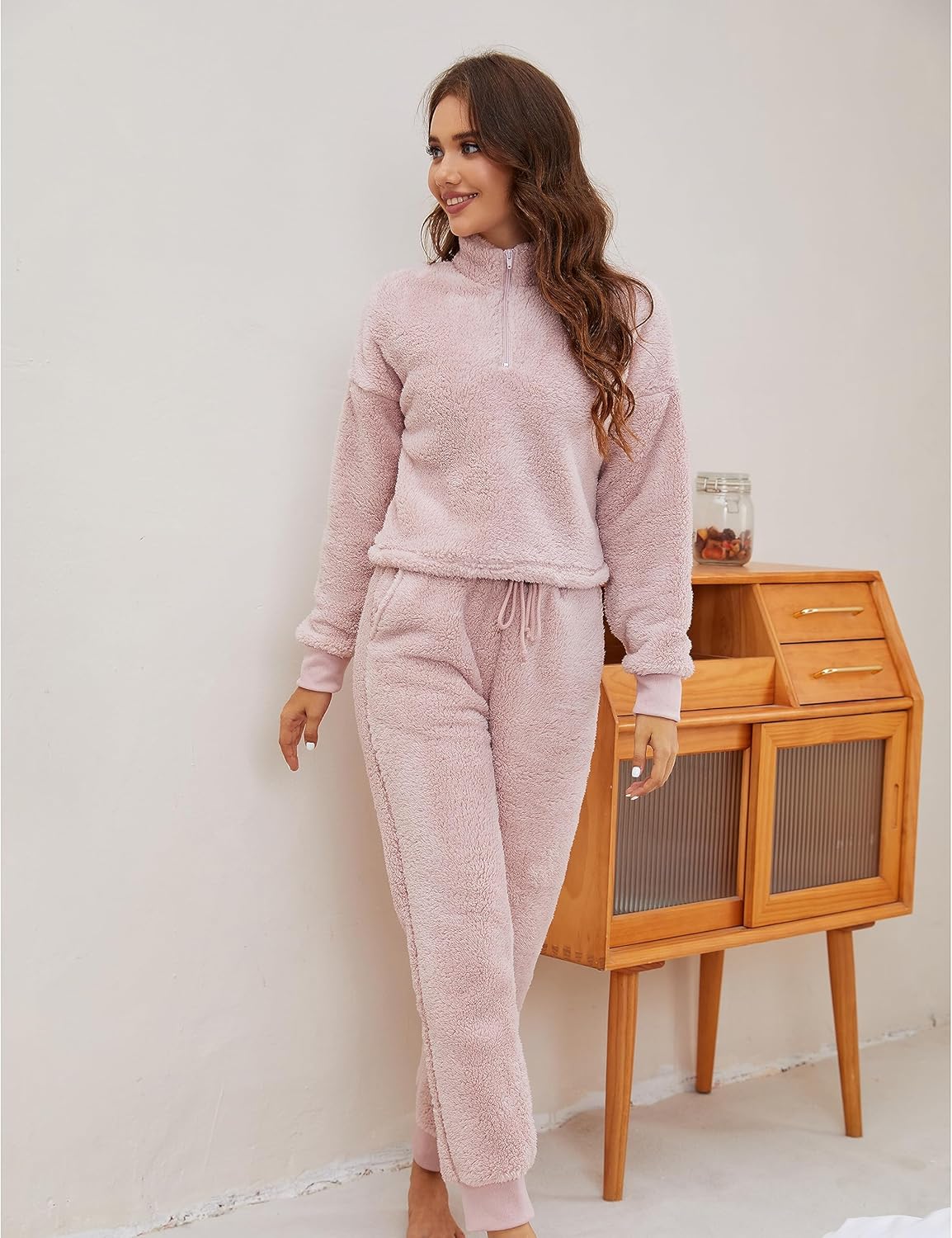 Women's Fluffy Pajamas Set Loungewear Sleepwear Lounge Casual Fleece Cropped Flannel Pullover and Pants Set - Image 5