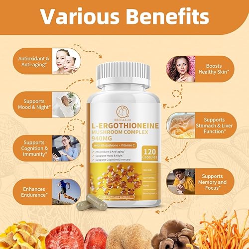 Miniatura 4 de Suplementos de cápsulas de complejo de hongos, 9 en 1 con L-ergotioneína, glutatión, melena de león, reishi, cordyceps, extractos de hongos