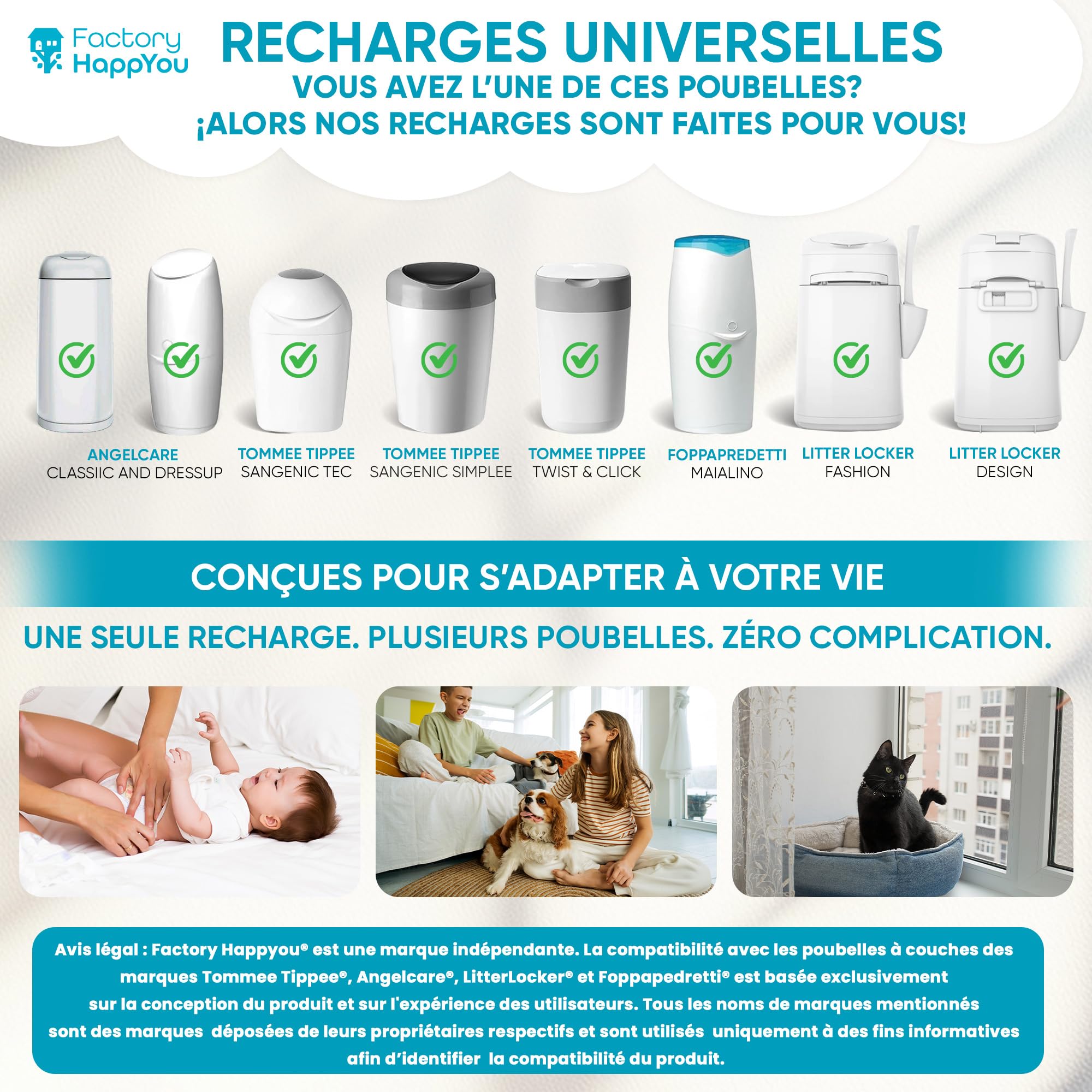 Factory HappyYou® – Pack XXL de 8 recharges poubelle couche bébé de 7,5 mètres compatibles avec poubelle à couche Tommee Tippee et Angelcare – Anti-odeur – Sans BPA – Recyclable